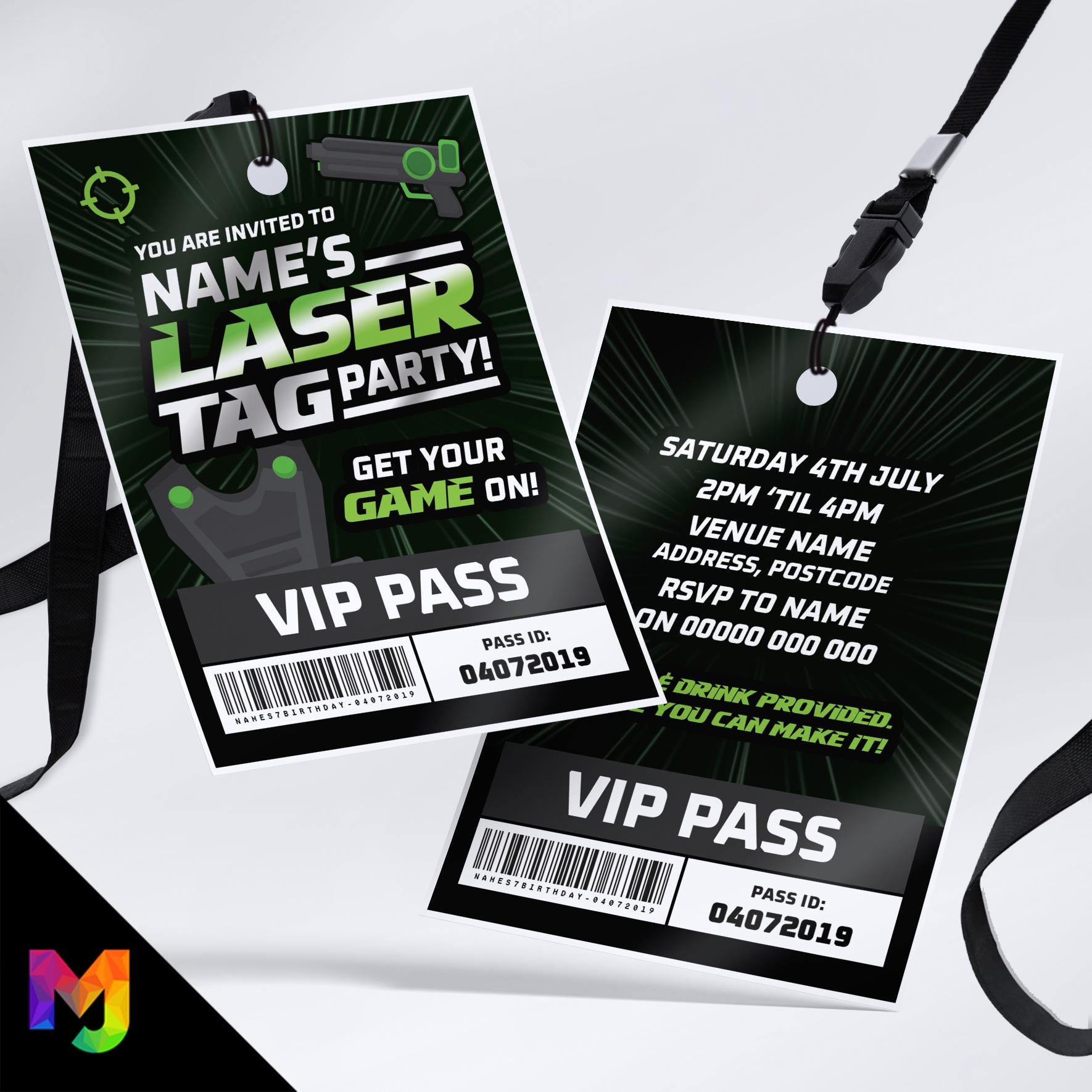 Personalised laser tag party style VIP pass & lanyard Invitations Invites | Battle pass