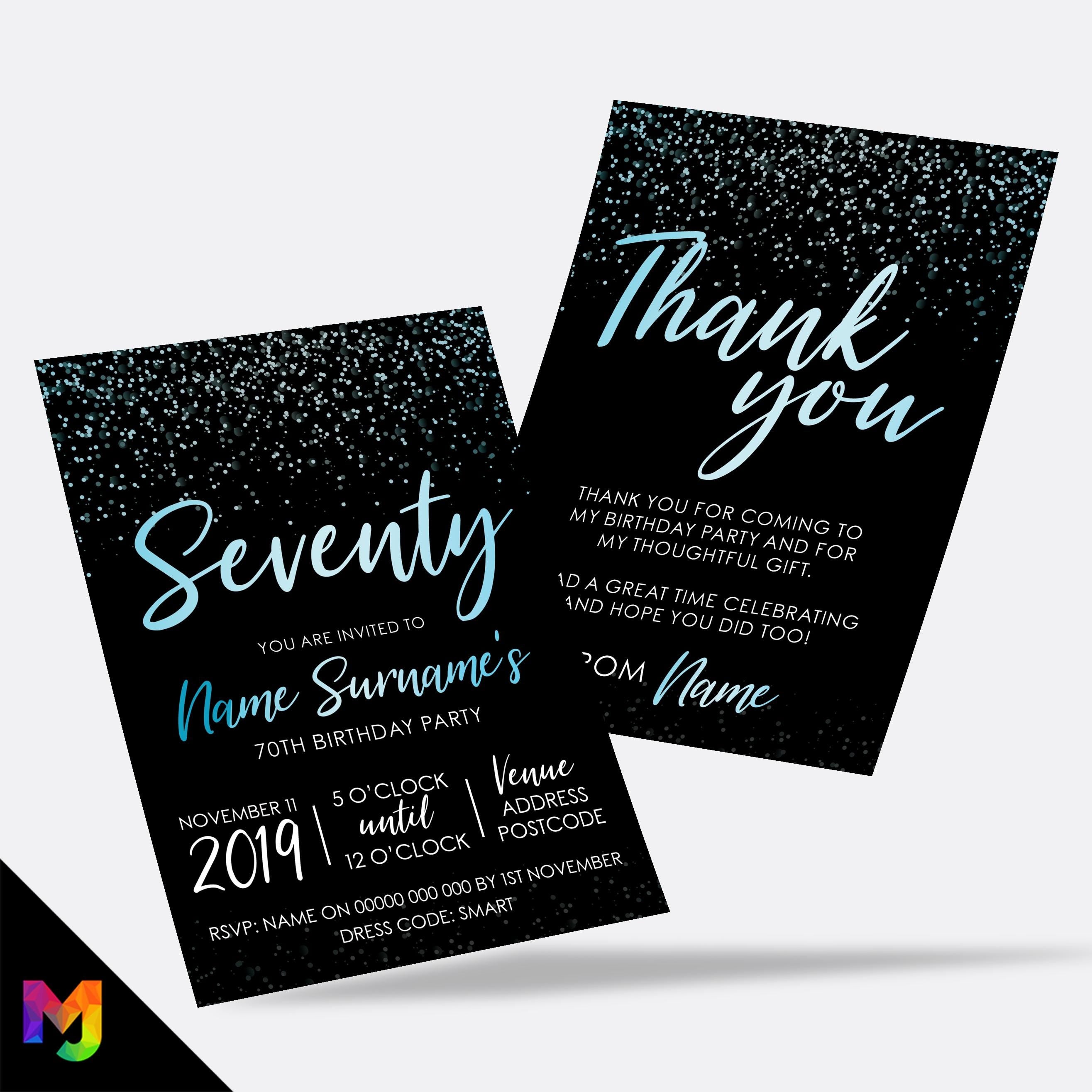Personalised 70th birthday party Invitations Invites | Black blue gold glitter modern design