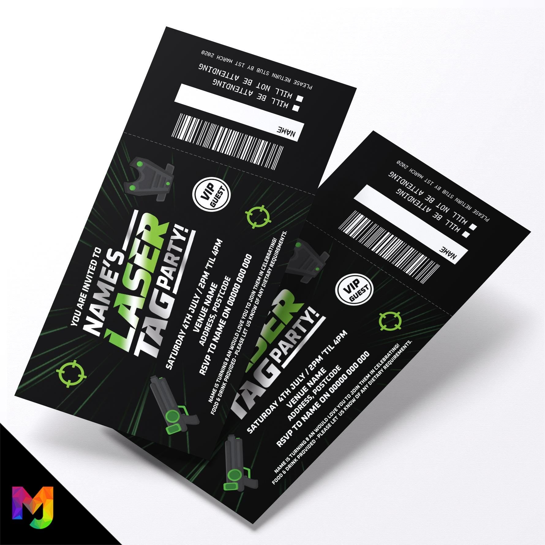 Personalised laser tag party ticket style birthday invitations invites | Perforated | Zap lasertag battle parties boys girls
