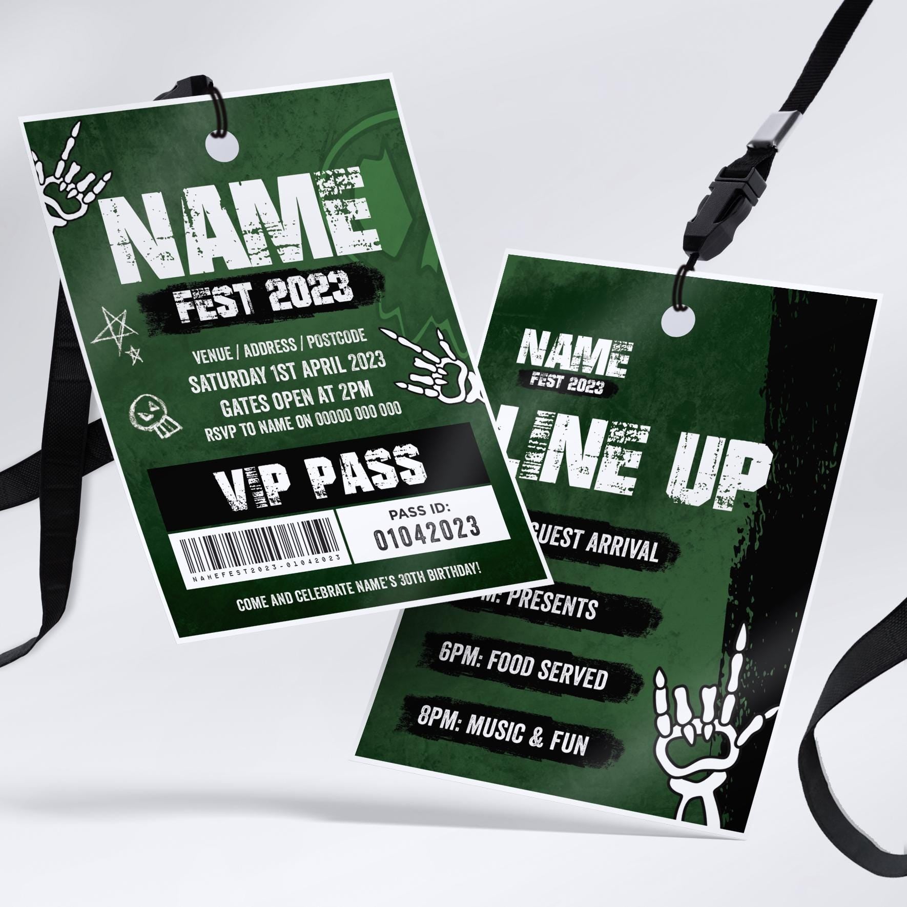 Personalised rock metal festival style VIP pass & lanyard Invitations Invites | Music summer fest