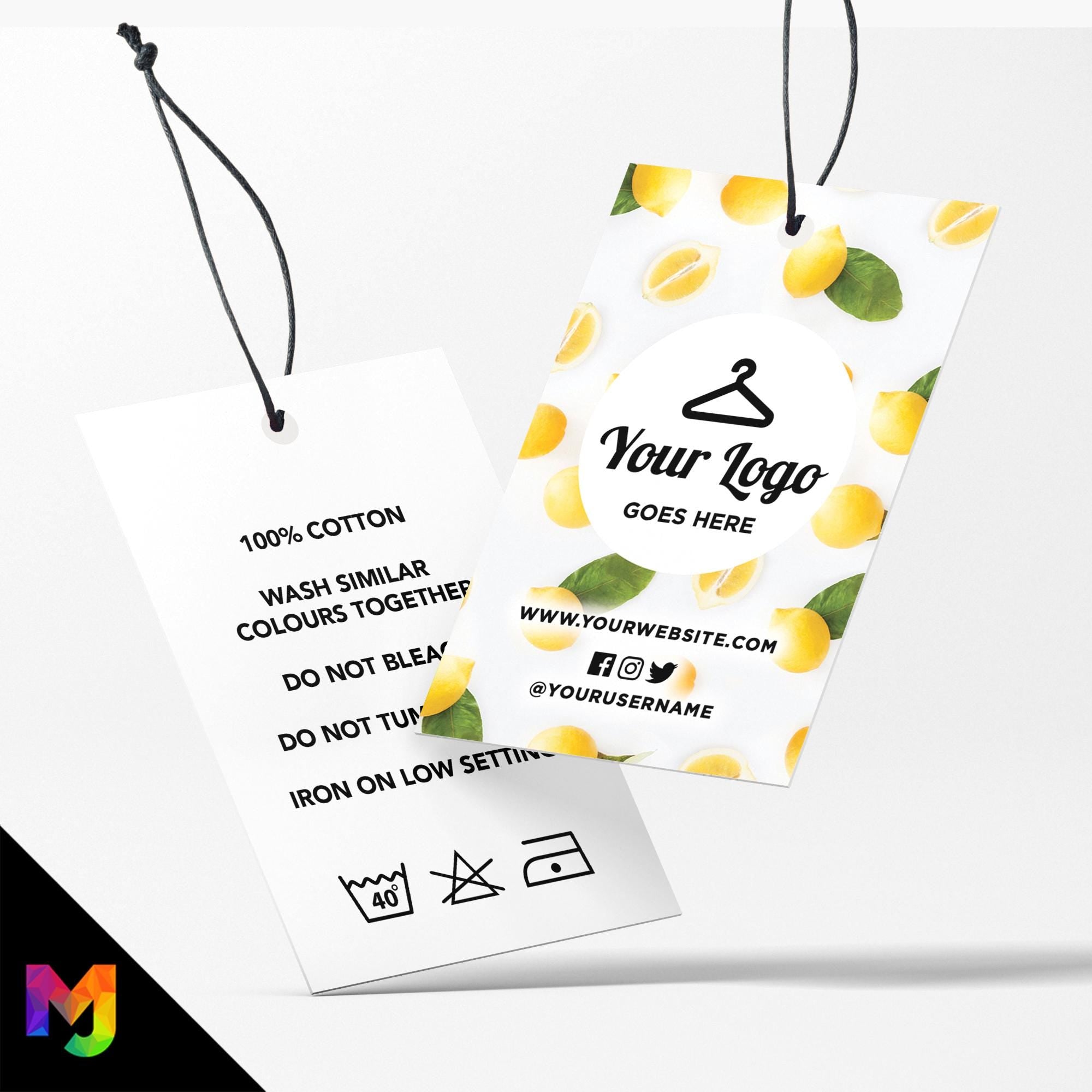 Custom printed clothing swing tags cards | Yellow lemon fruity pattern style design