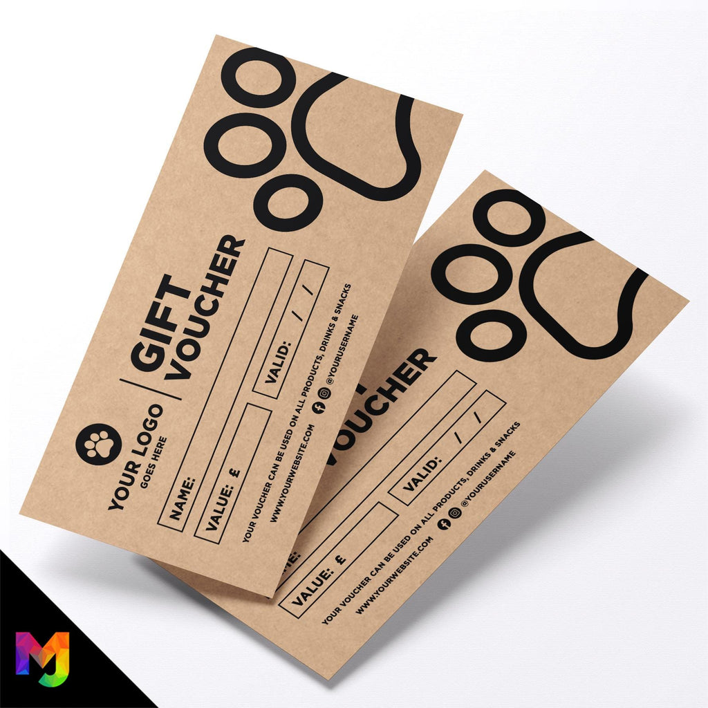 Custom printed kraft gift vouchers | Eco-friendly recycled | Dog Pets Shop Pet Walking Grooming Supplies Puppy Animals Business 2