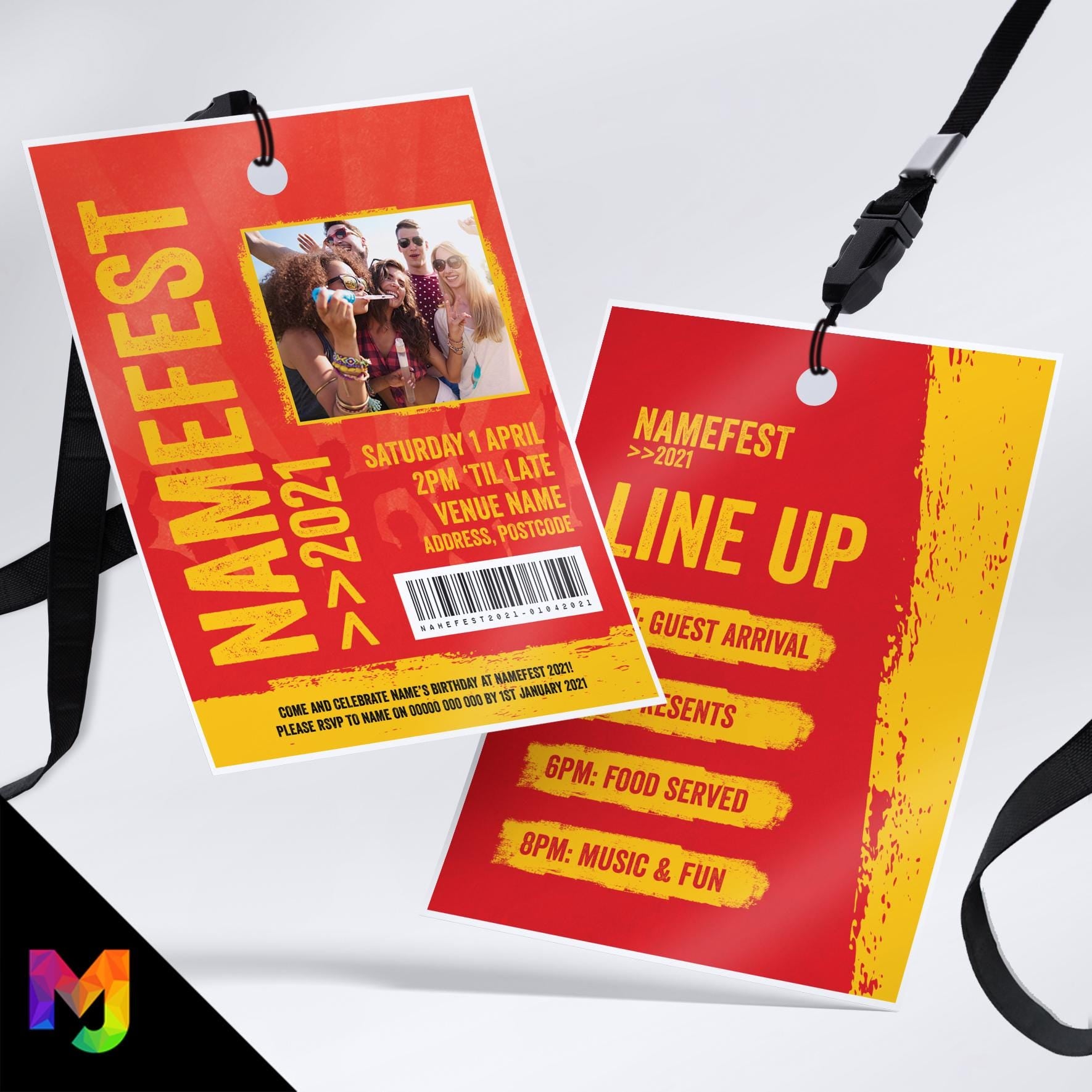 Personalised festival style VIP pass & lanyard Invitations Invites | Red design | Music summer fest