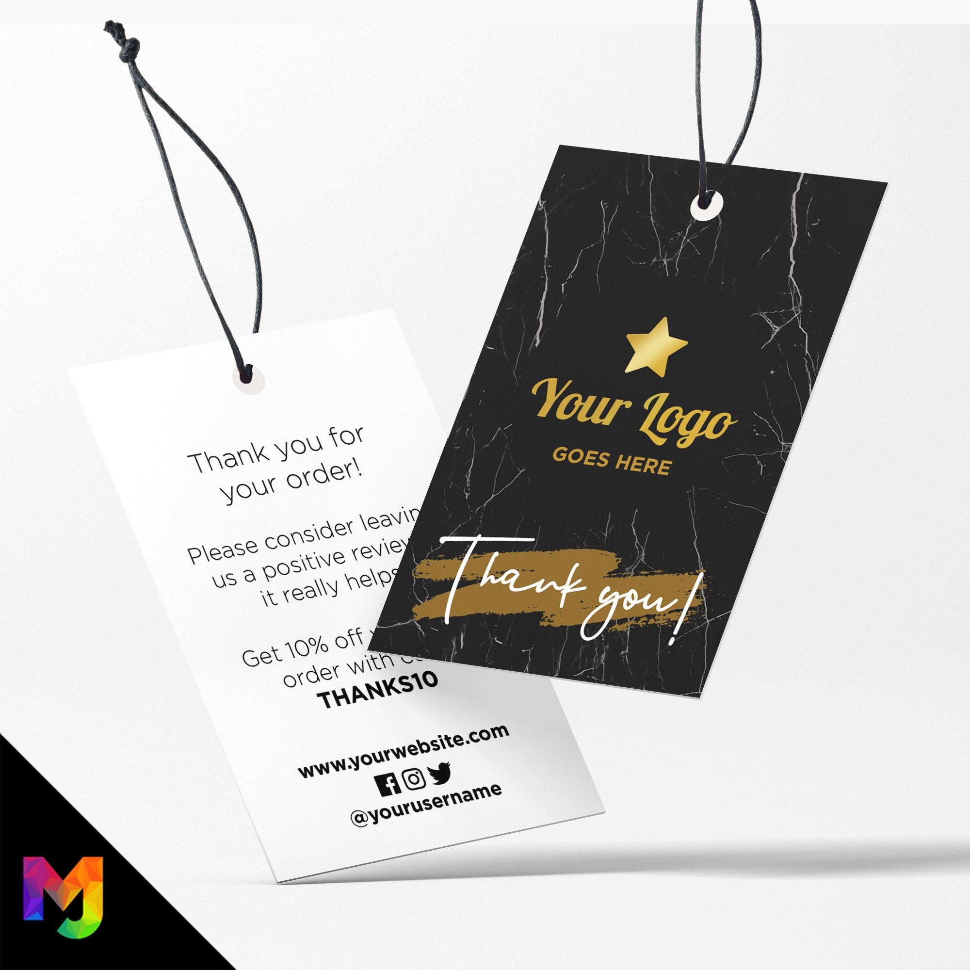 Custom printed thank you swing tags cards | Black marble gold modern style design