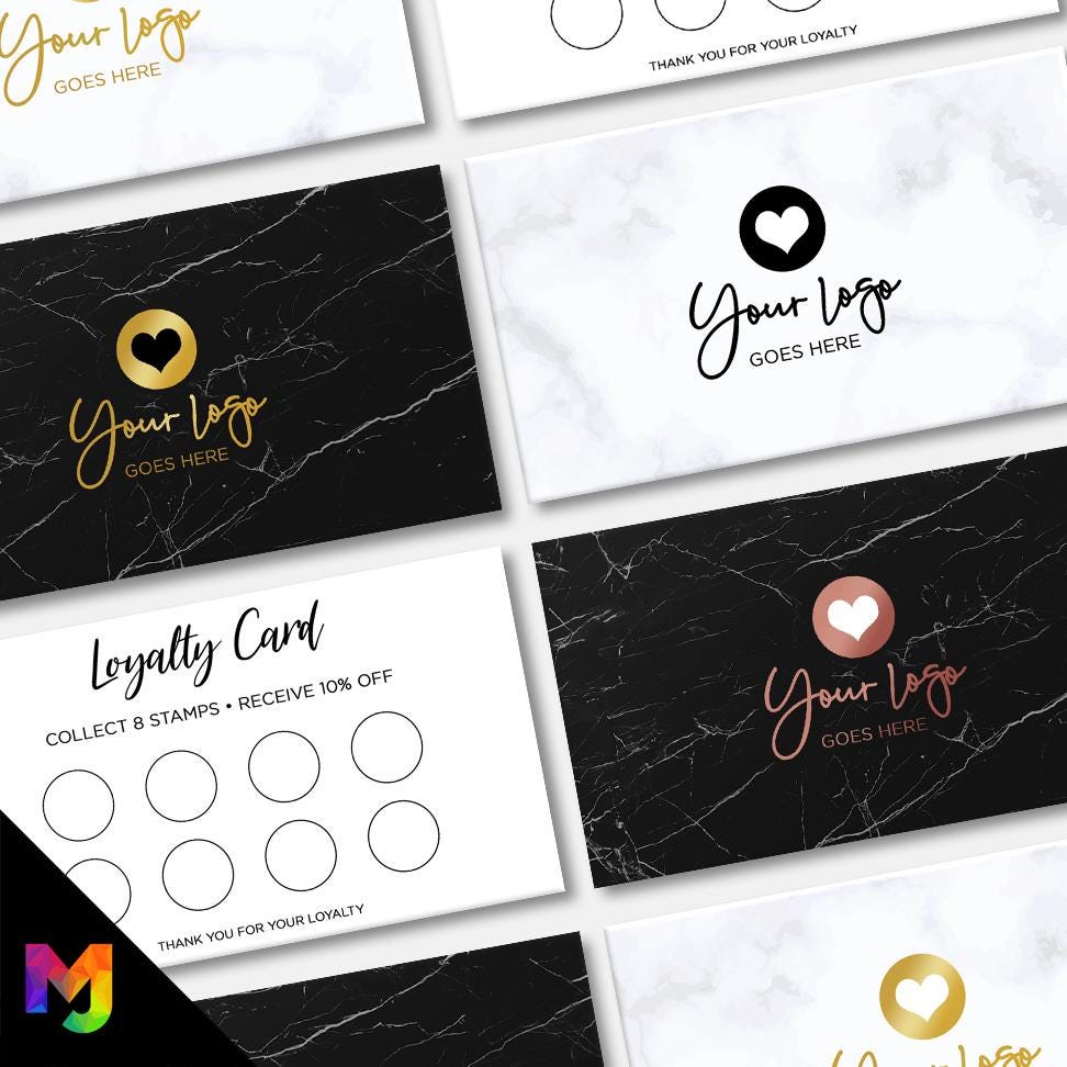 Custom printed loyalty reward cards | Marble design white black rose gold blue pink shiny elegant modern generic businesses