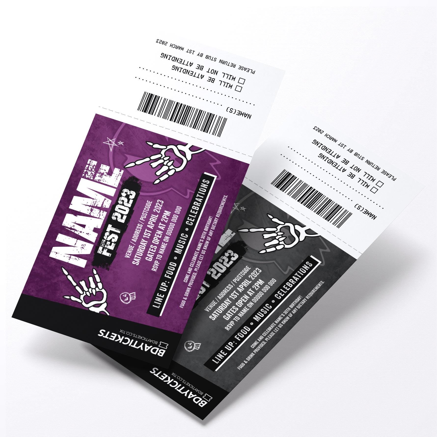 Personalised rock metal festival VIP ticket style party Invitations Invites | Perforated stubs