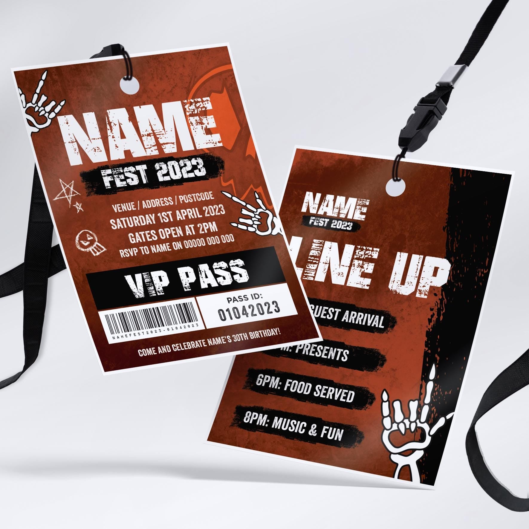Personalised rock metal festival style VIP pass & lanyard Invitations Invites | Music summer fest