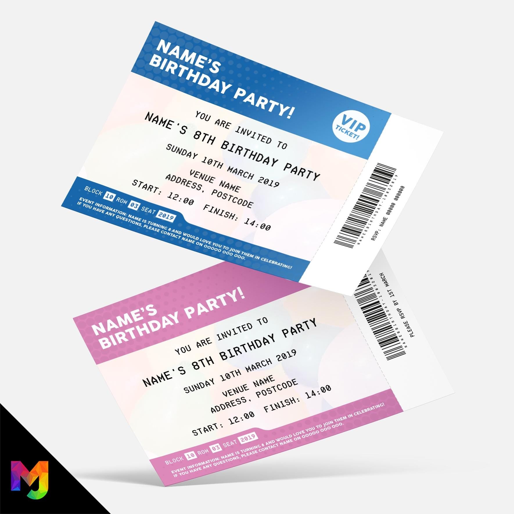 Personalised VIP ticket style Invitations Invites | Any colour!