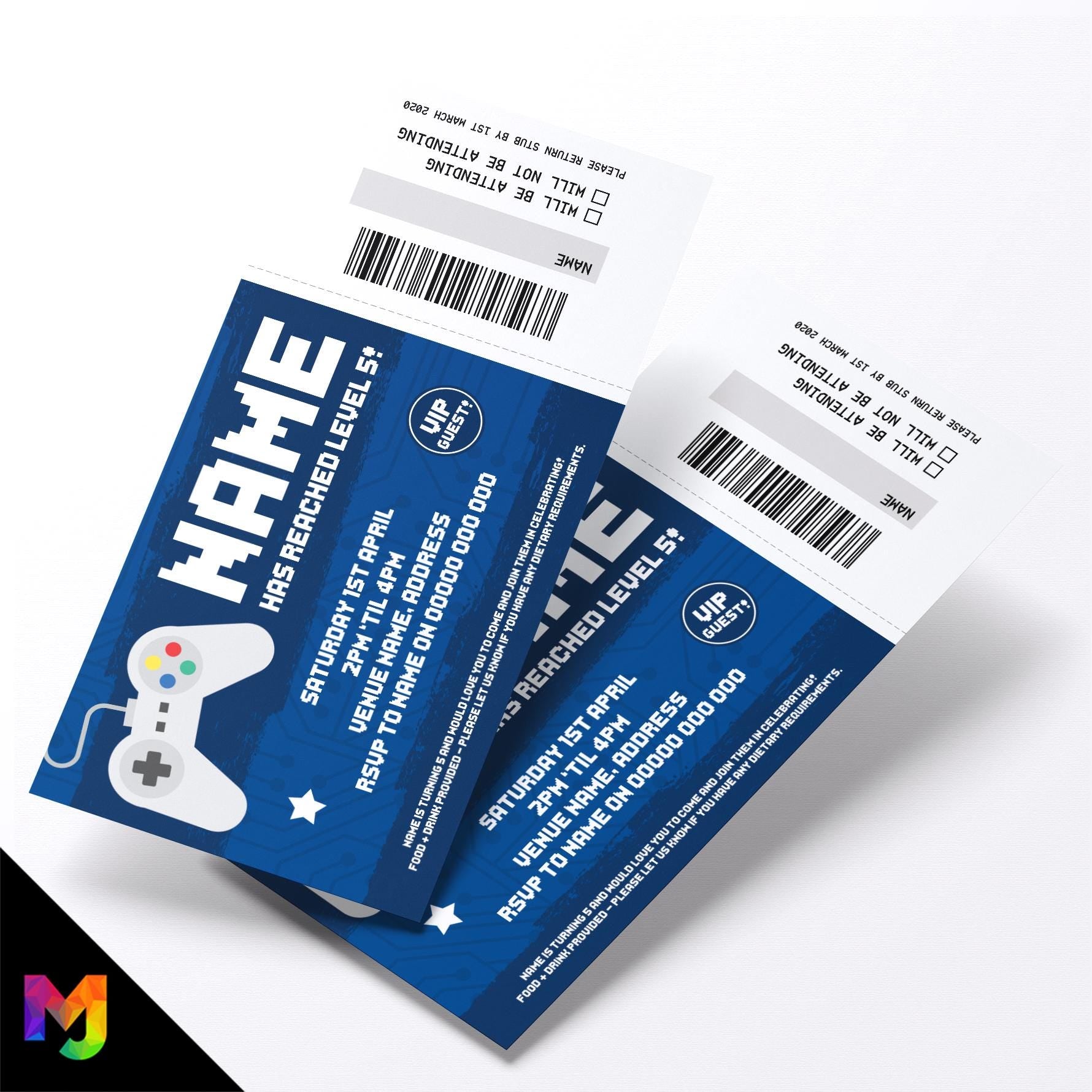 Personalised gaming party ticket style birthday Invitations Invites | Perforated | Blue gamer game battle