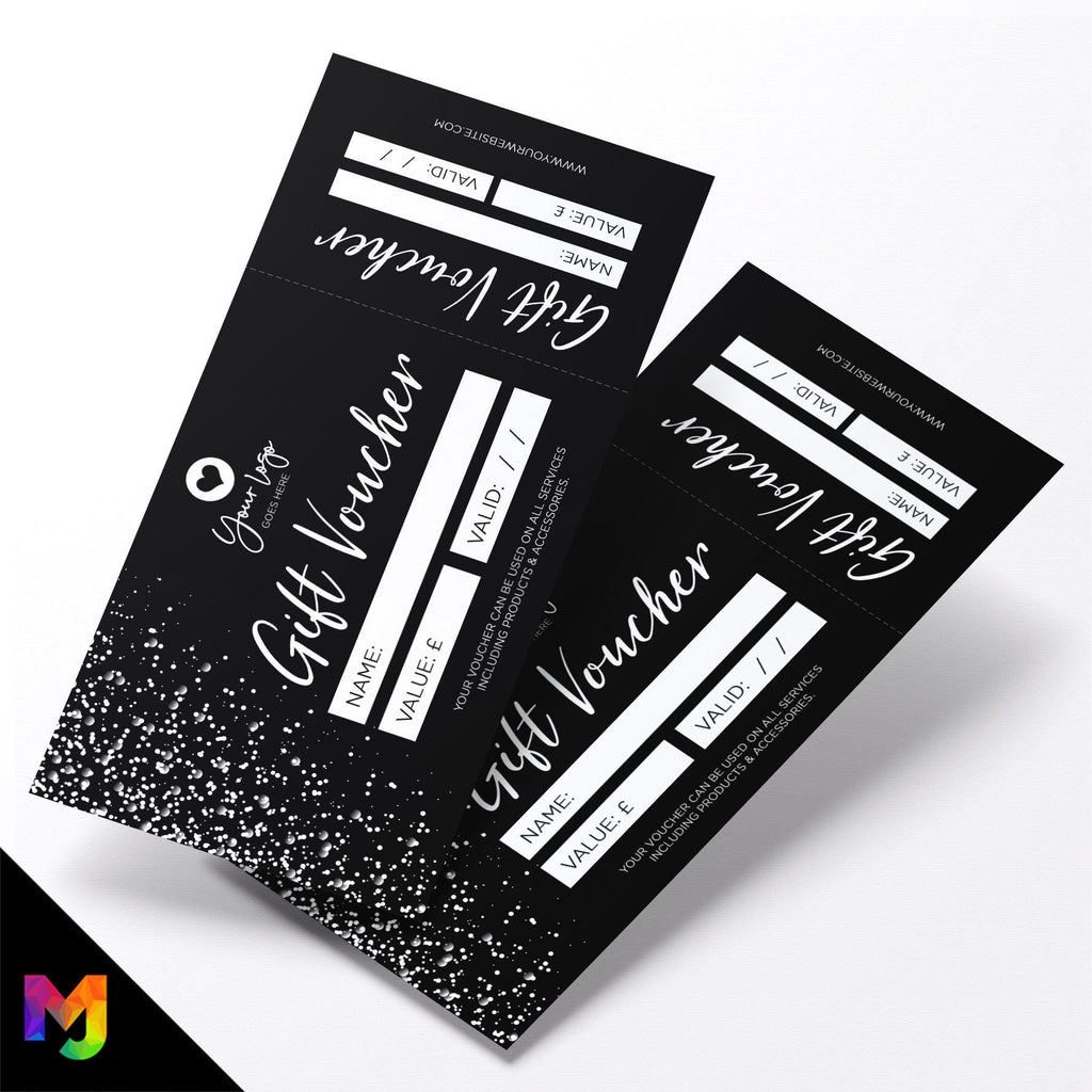 Custom printed gift vouchers | Perforated stubs | Black white glitter style modern fancy professional