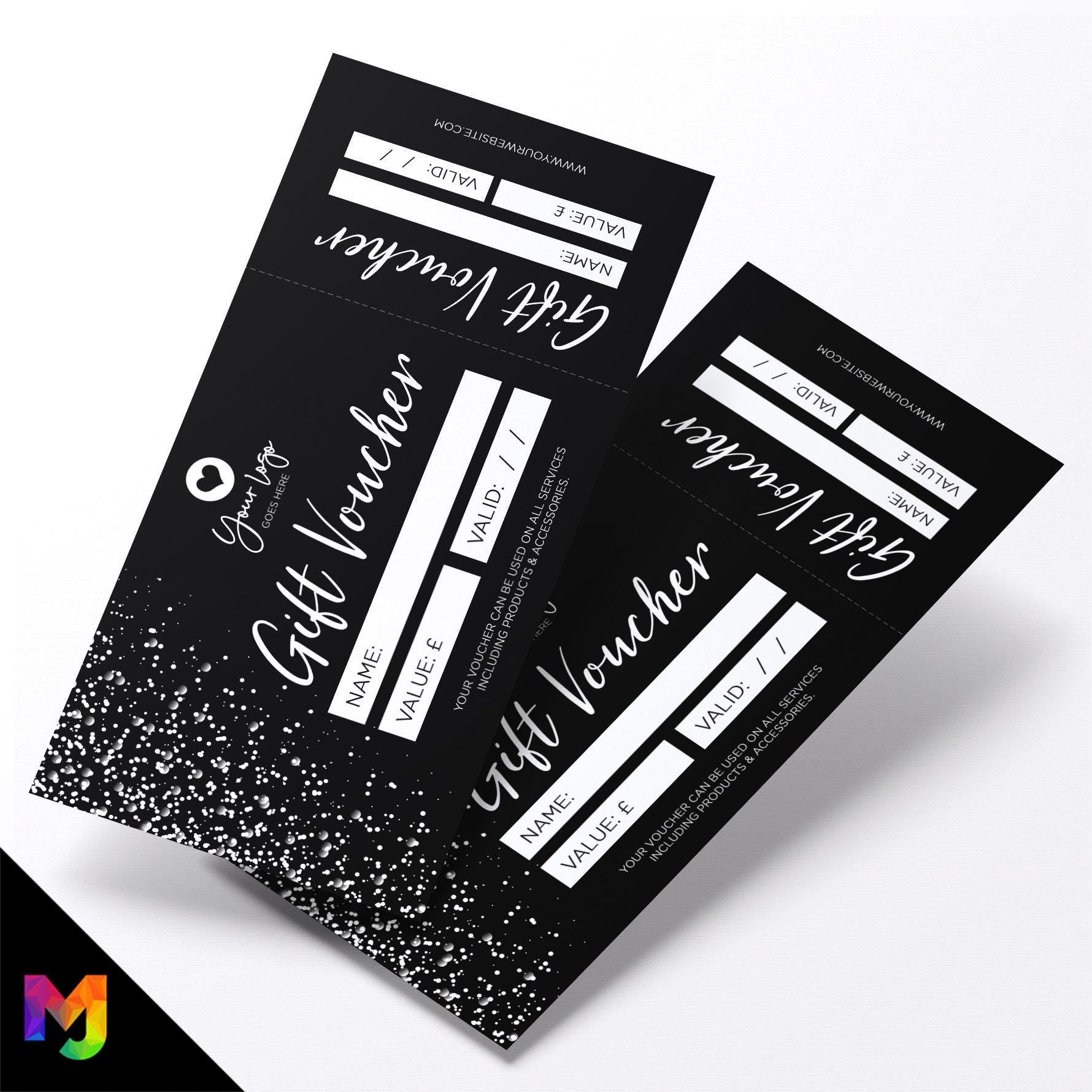 Custom printed gift vouchers | Perforated stubs | Black white glitter style modern fancy professional