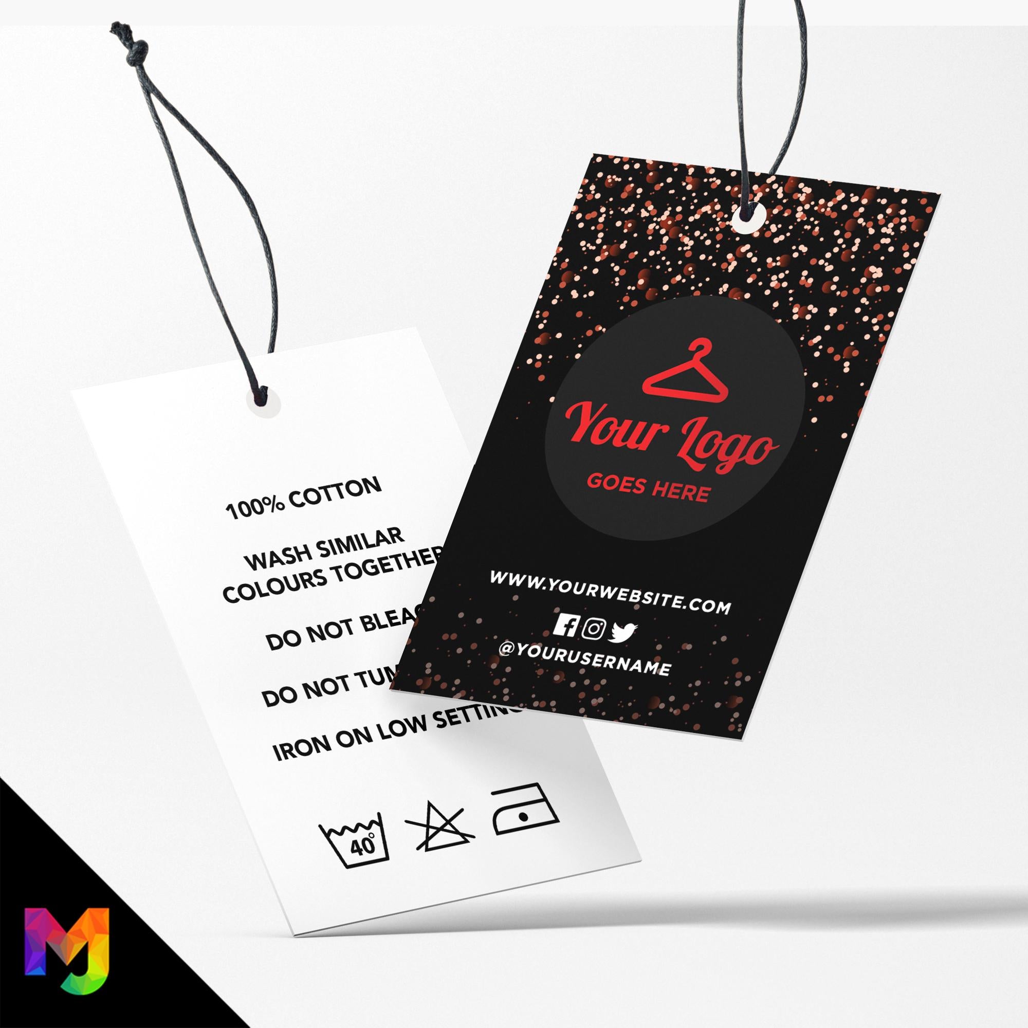 Custom printed clothing swing tags cards | Black red glitter modern style design