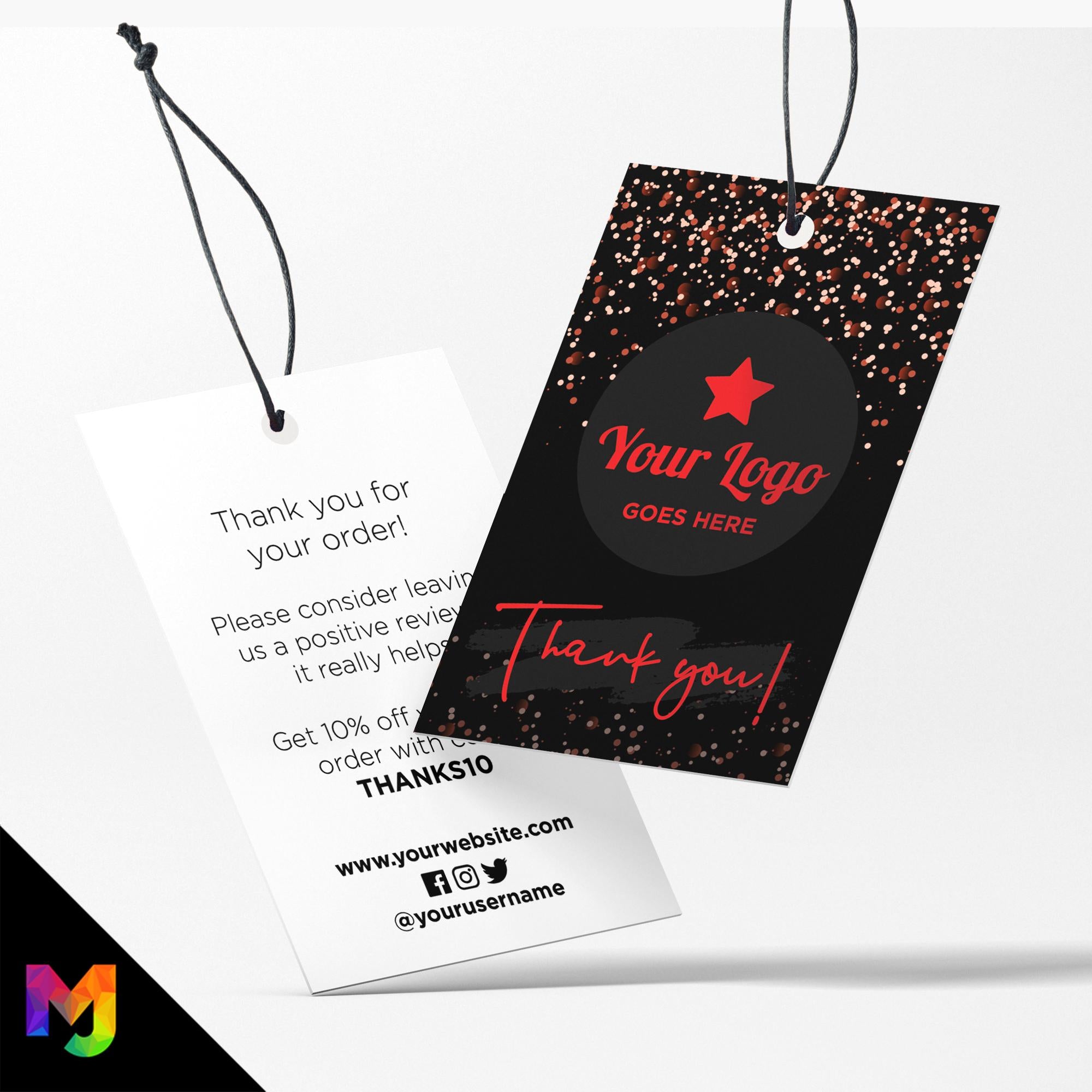 Custom printed thank you swing tags cards | Black red glitter modern style design