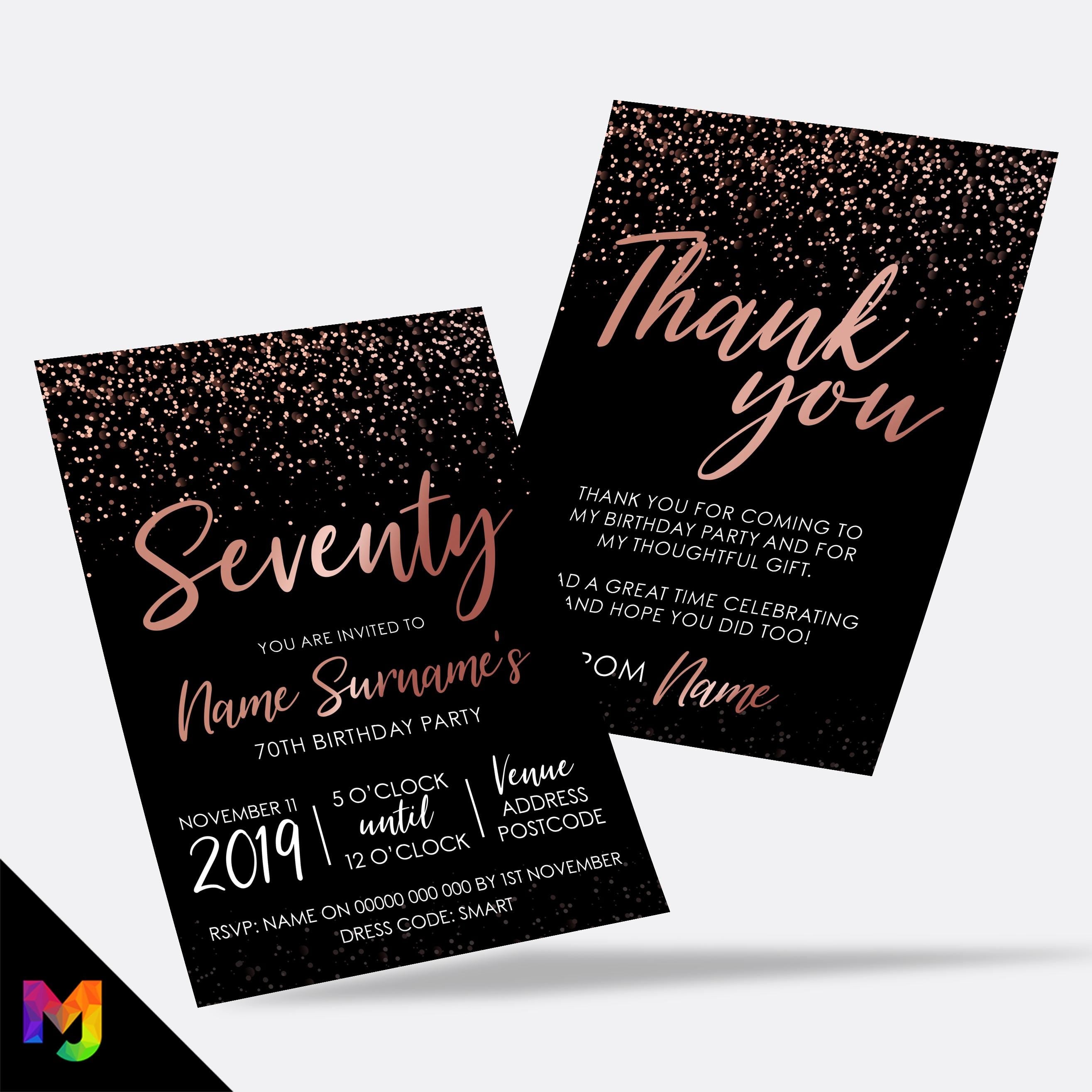 Personalised 70th birthday party Invitations Invites | Rose gold black glitter modern design