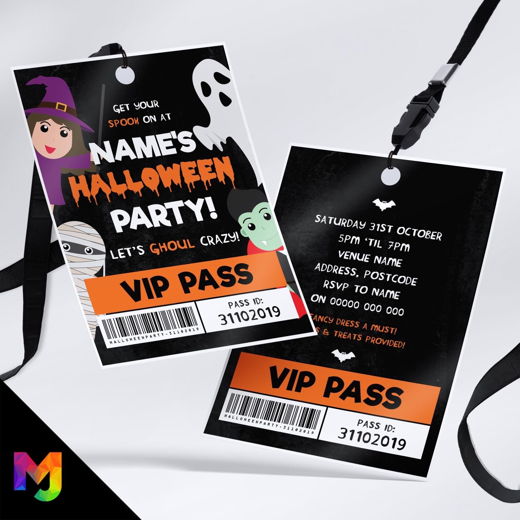 Personalised Halloween party style VIP pass & lanyard Invitations Invites | Witch ghost mummy vampire