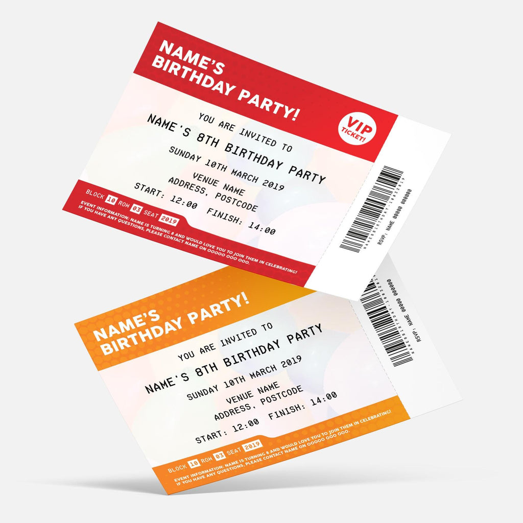 Personalised VIP ticket style Invitations Invites | Any colour!