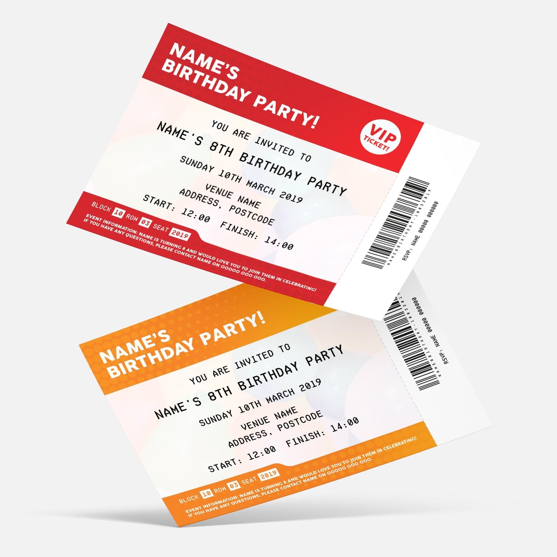 Personalised VIP ticket style Invitations Invites | Any colour!