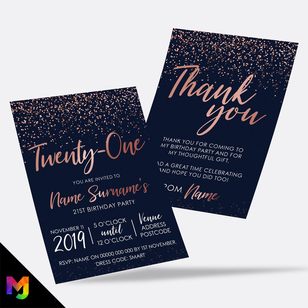 Personalised 21st birthday party Invitations Invites | Navy rose gold glitter style modern design