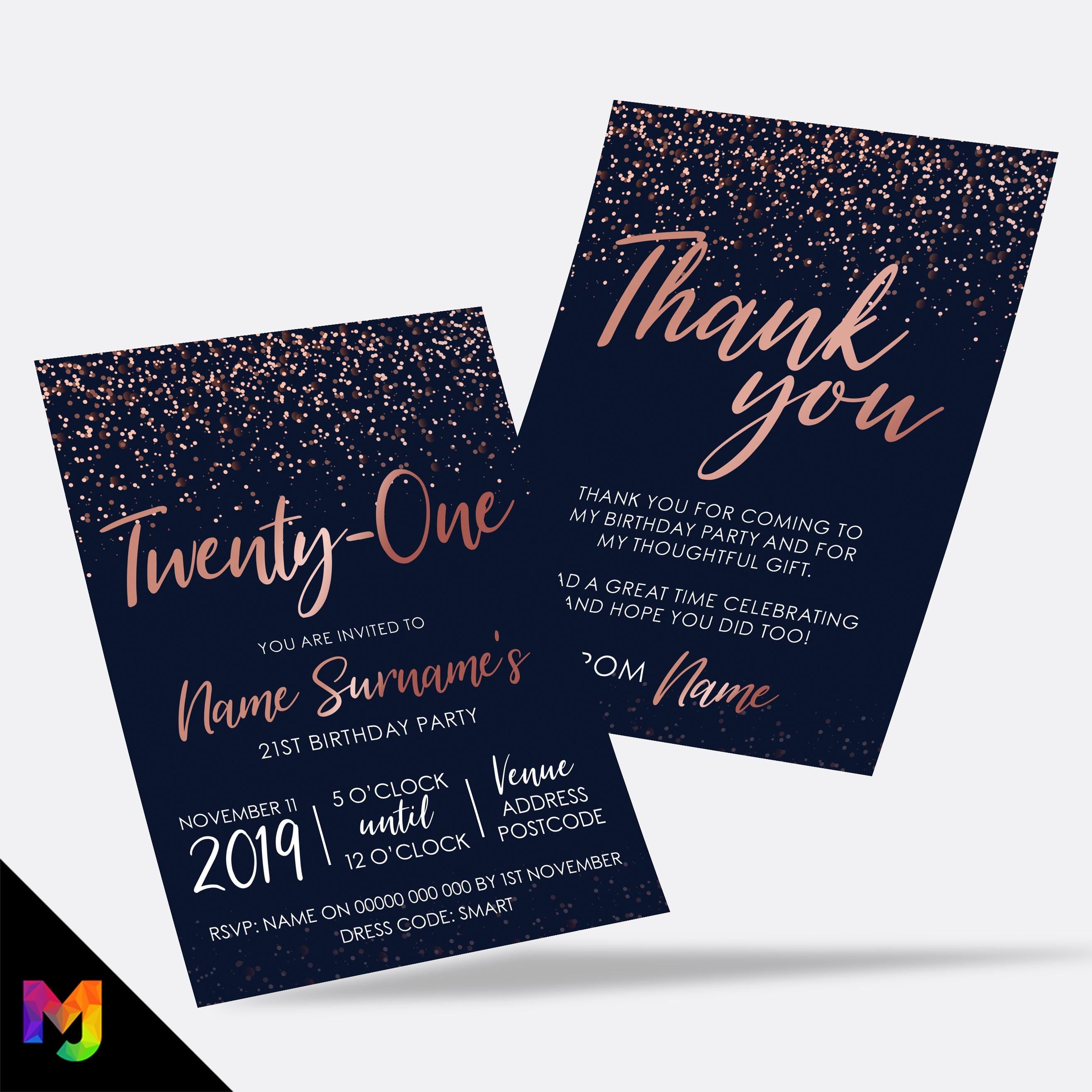 Personalised 21st birthday party Invitations Invites | Navy rose gold glitter style modern design