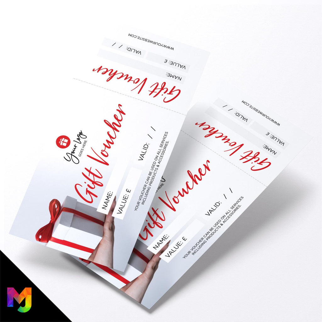 Custom printed gift vouchers | Perforated stubs | Present Gift Box Design Red Gold White Elegant 2