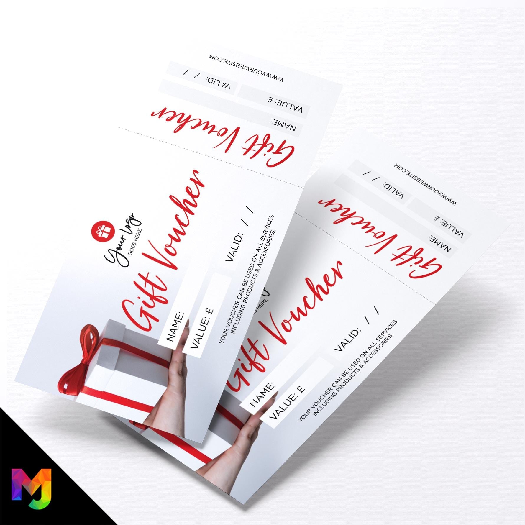 Custom printed gift vouchers | Perforated stubs | Present Gift Box Design Red Gold White Elegant 2