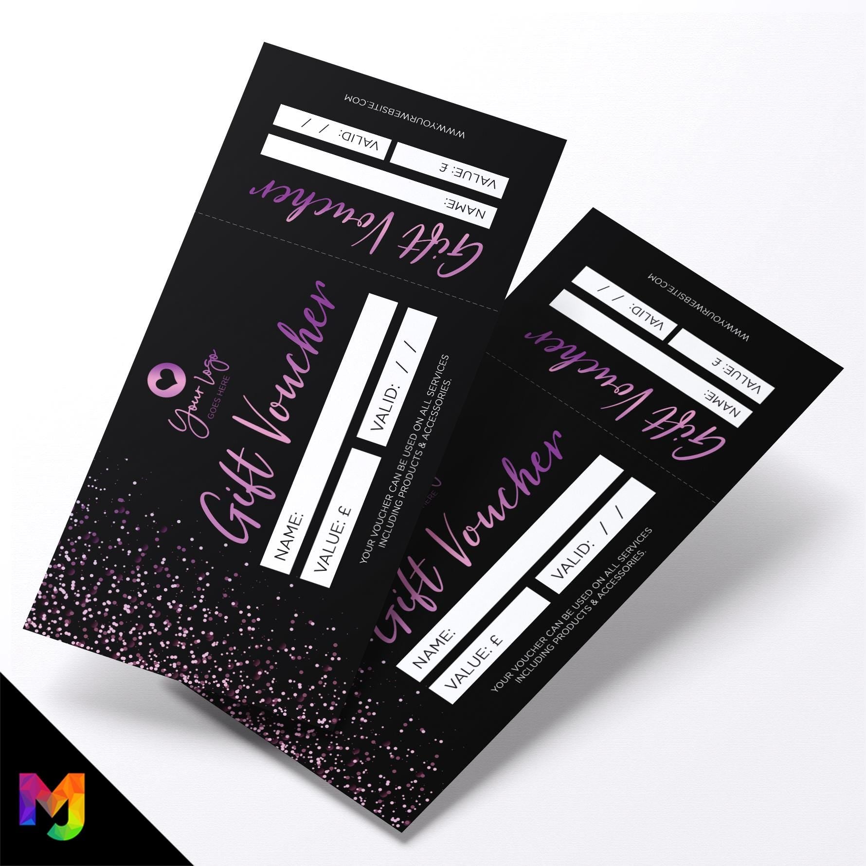 Custom printed gift vouchers | Perforated stubs | Black purple glitter style modern fancy professional