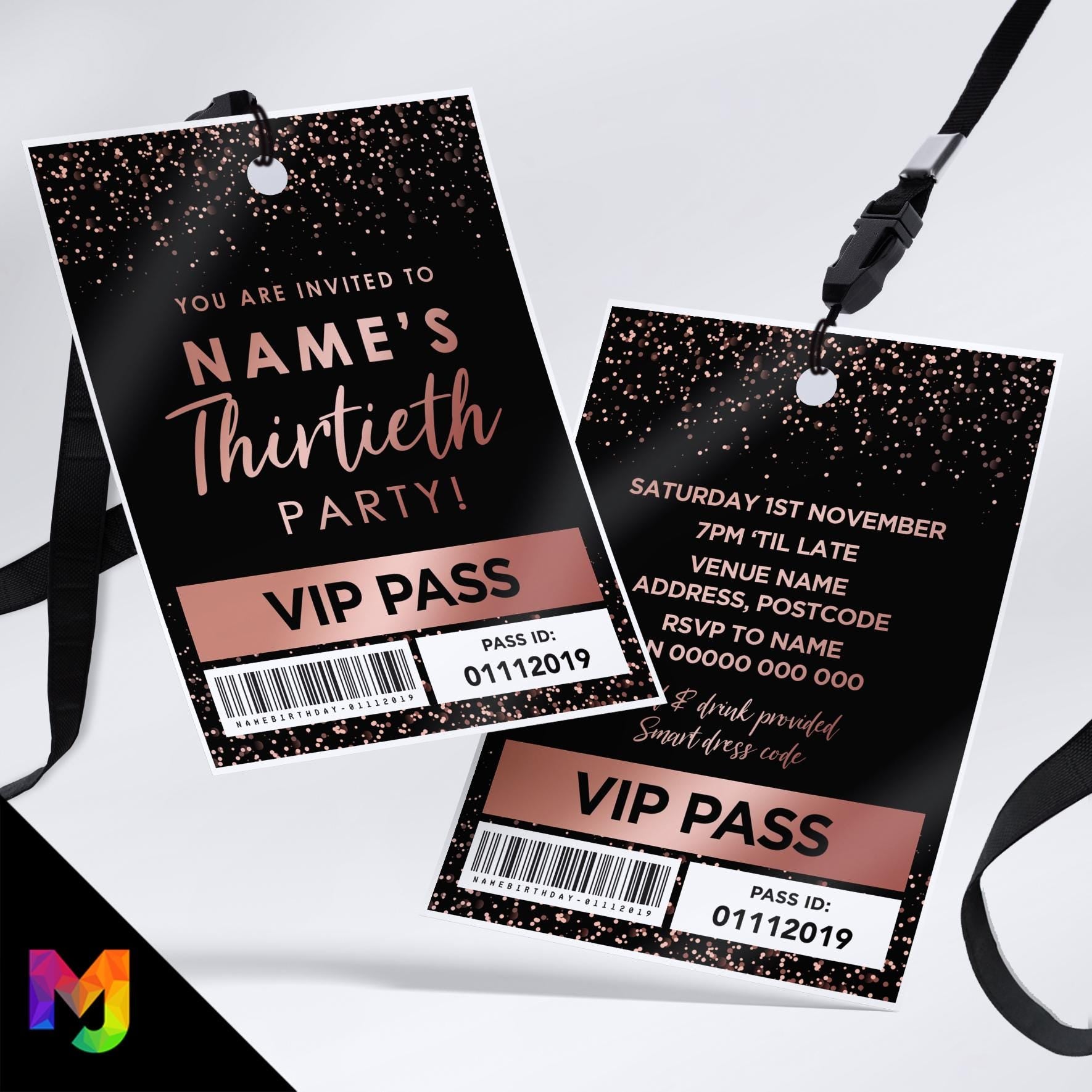 Personalised 30th birthday style VIP pass & lanyards | Rose gold black glitter design | ANY AGE!