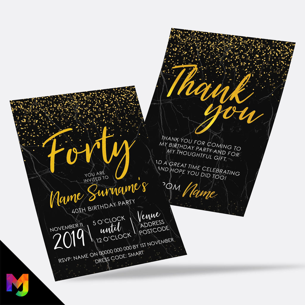 Personalised 40th birthday party Invitations Invites | Black marble gold glitter modern design