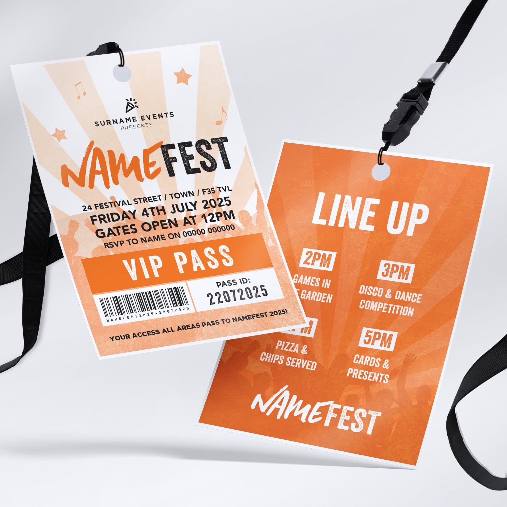 Personalised festival style VIP pass & lanyard Invitations Invites | Any colour | Music summer fest