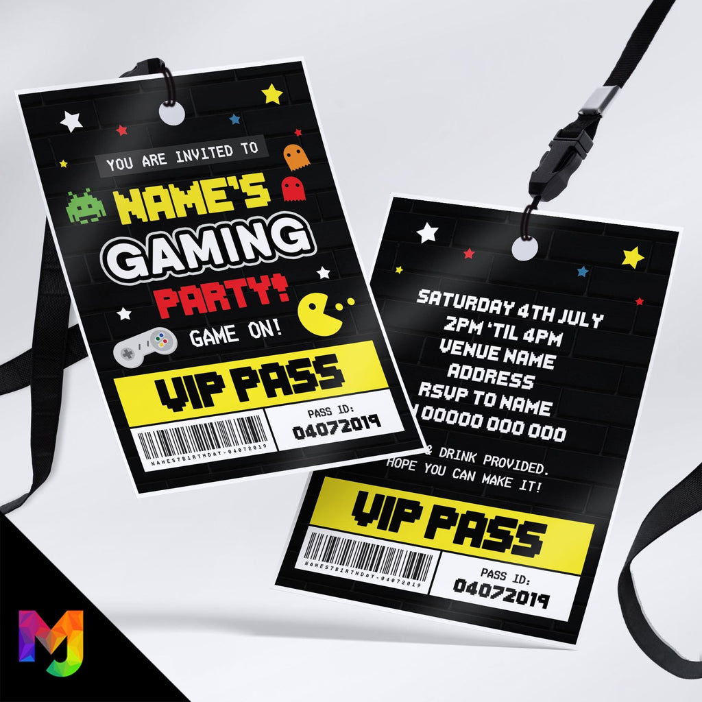 Personalised retro arcade gaming gamer style VIP pass & lanyard Invitations Invites