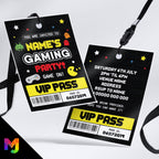 Personalised retro arcade gaming gamer style VIP pass & lanyard Invitations Invites