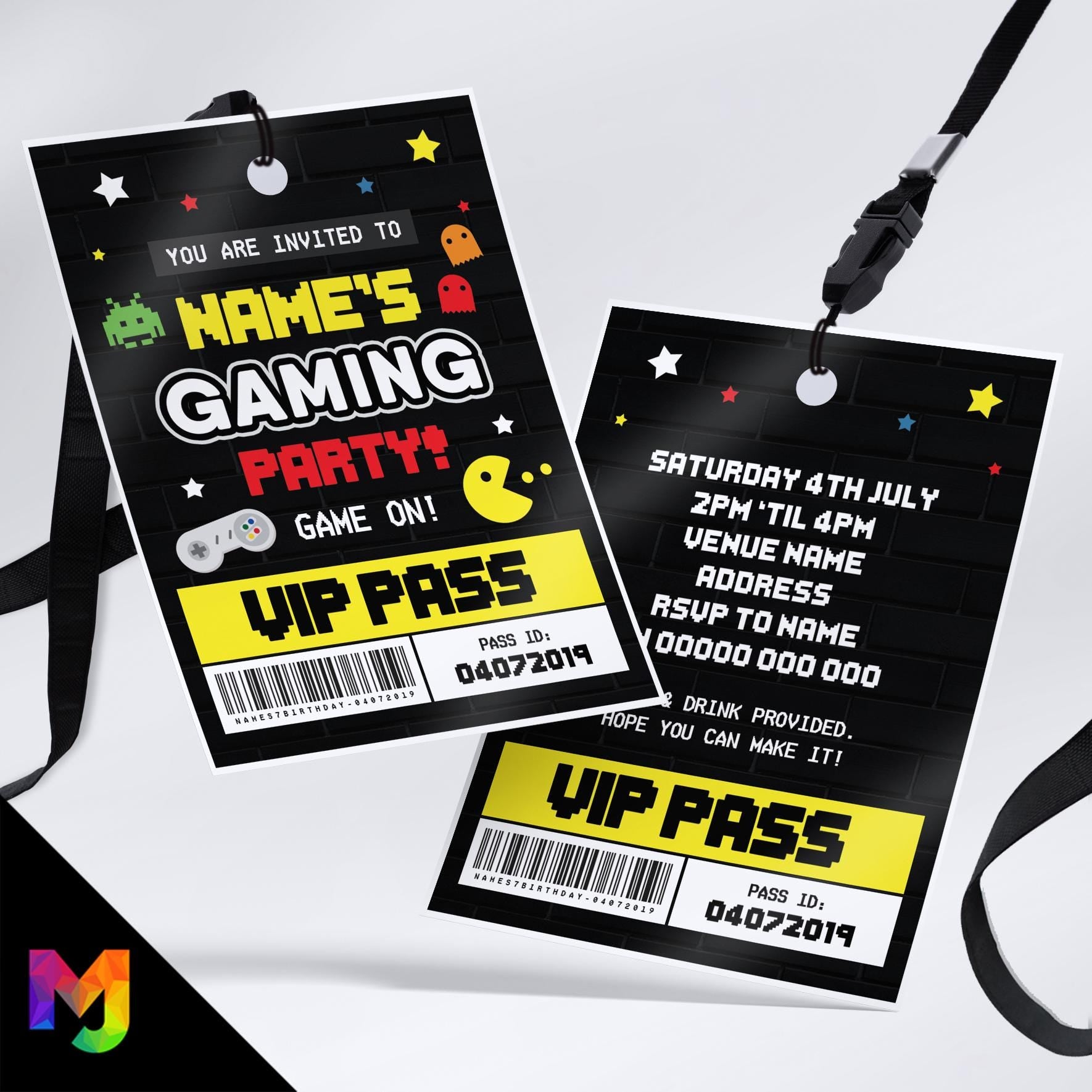 Personalised retro arcade gaming gamer style VIP pass & lanyard Invitations Invites