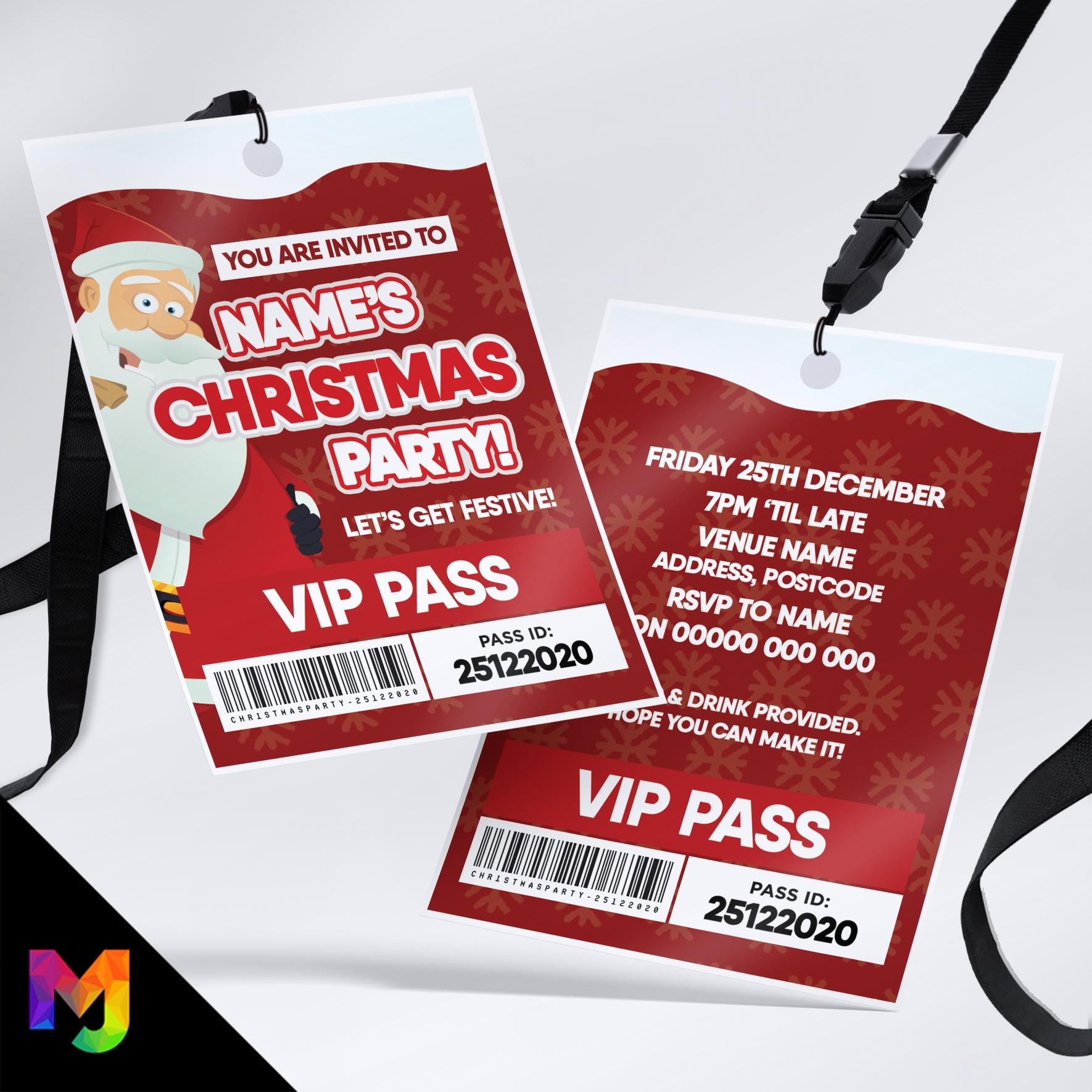 Personalised Christmas party style VIP pass & lanyards | Santa Xmas Red Snow 01