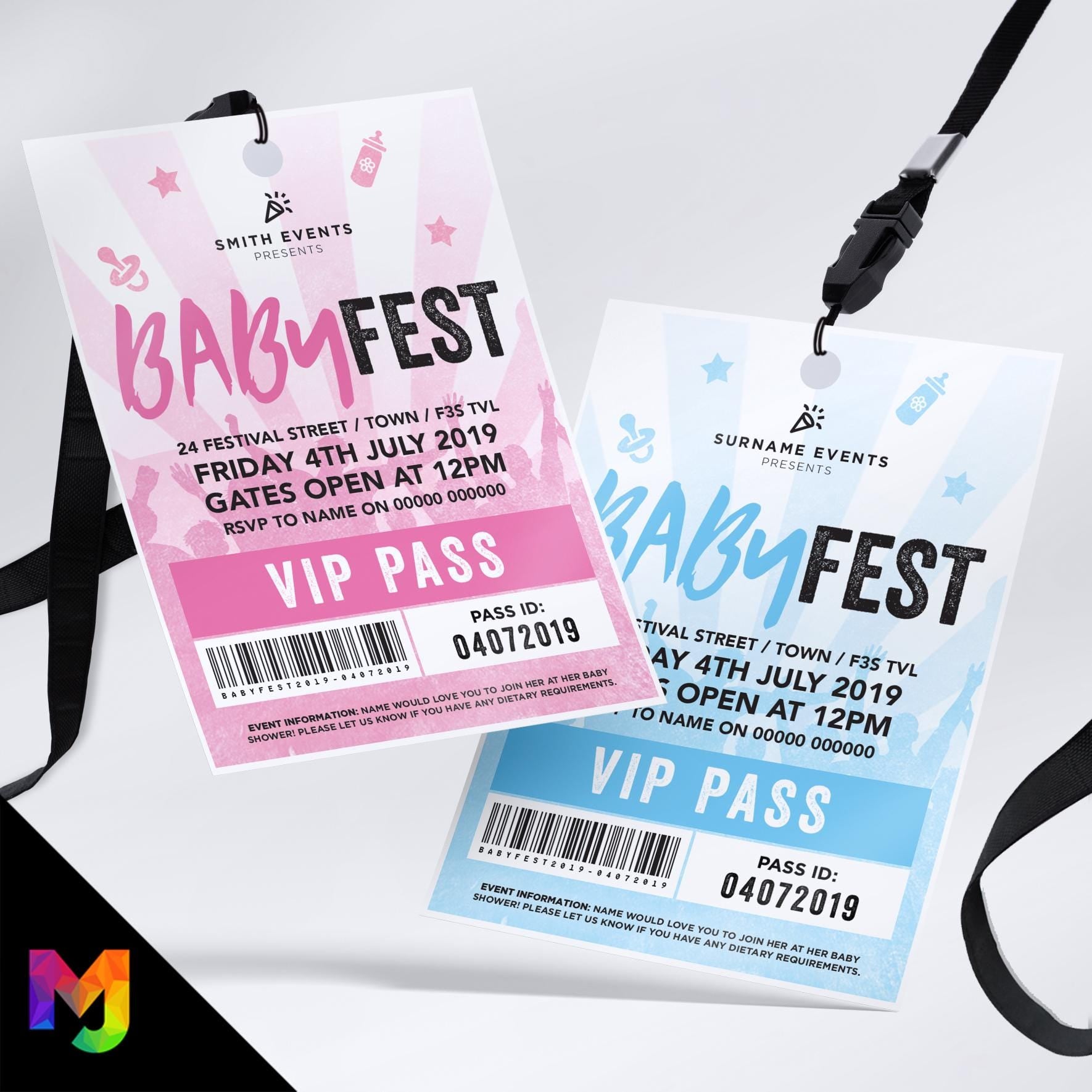 Personalised 'BabyFEST' festival style baby shower / gender reveal party lanyard Invitations Invites | Boys/girls