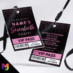 Personalised 70th birthday style VIP pass & lanyards | Black hot pink glitter design | ANY AGE!