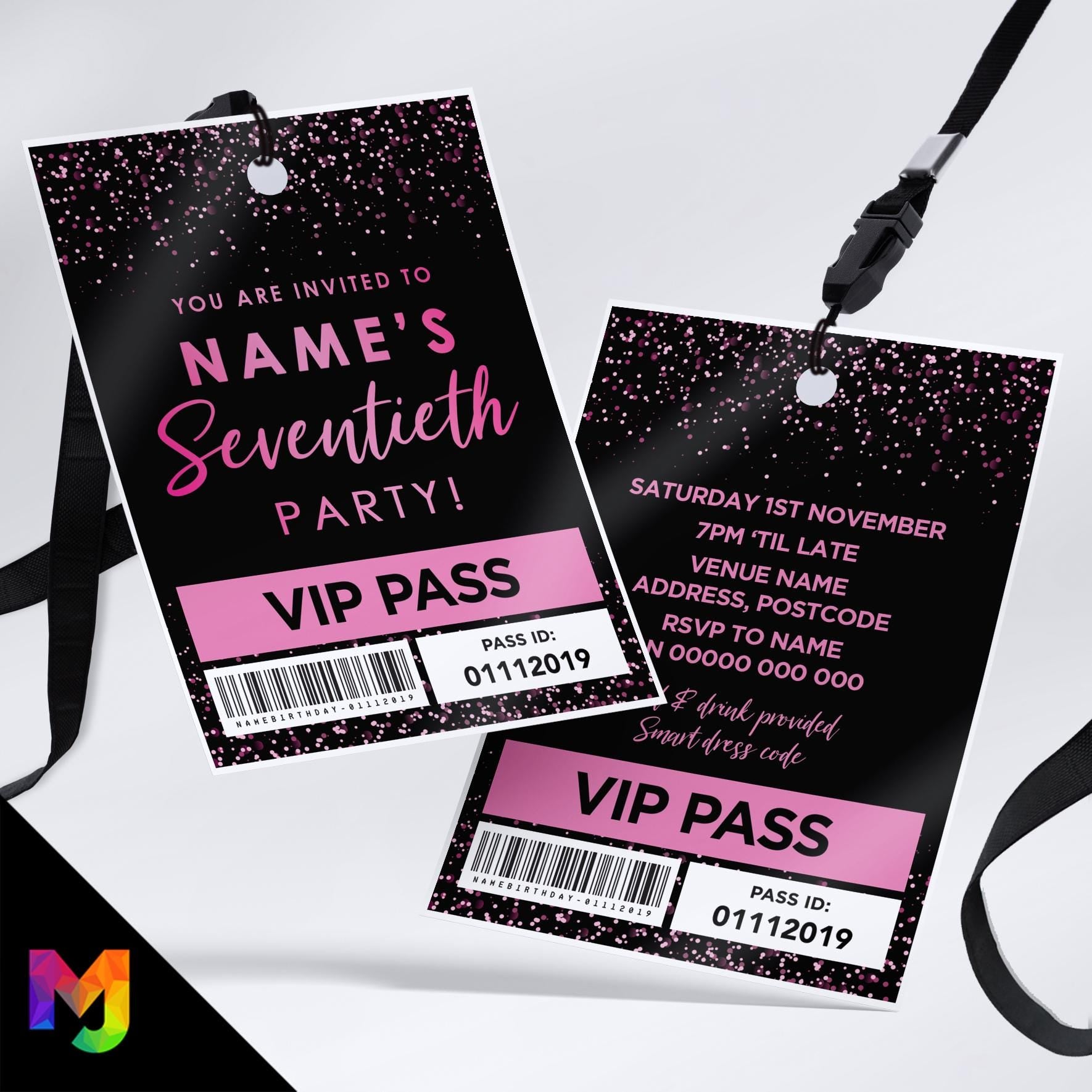Personalised 70th birthday style VIP pass & lanyards | Black hot pink glitter design | ANY AGE!