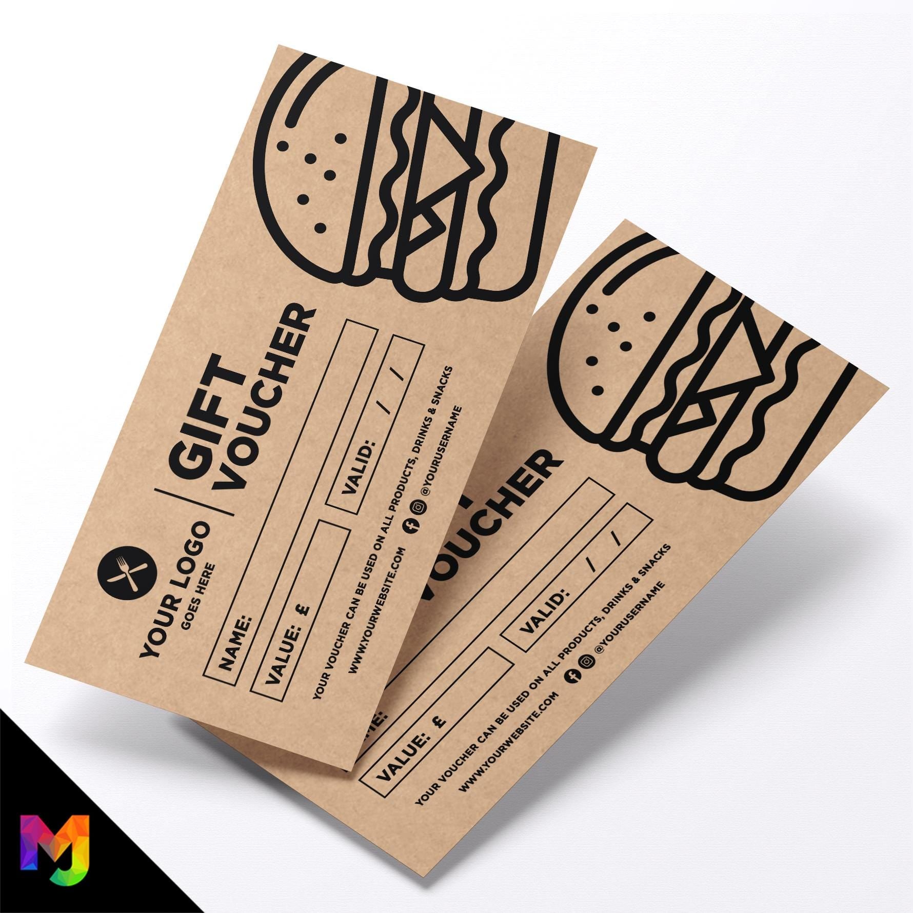 Custom printed kraft gift vouchers | Eco-friendly recycled | Food Restaurant Takeaway Burgers Buns Smash Burger Sandwich
