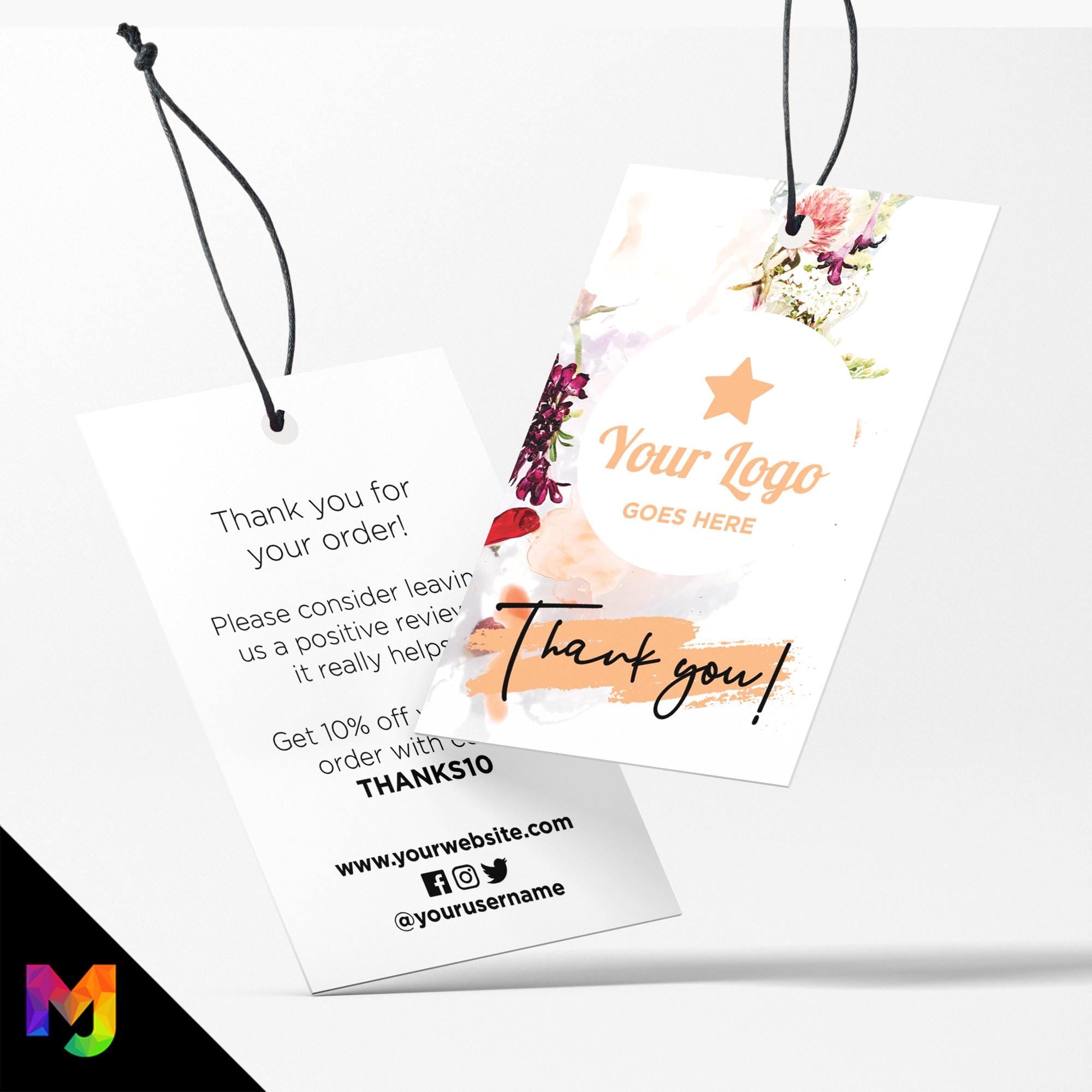 Custom printed thank you swing tags cards | Orange floral flowers feminine design