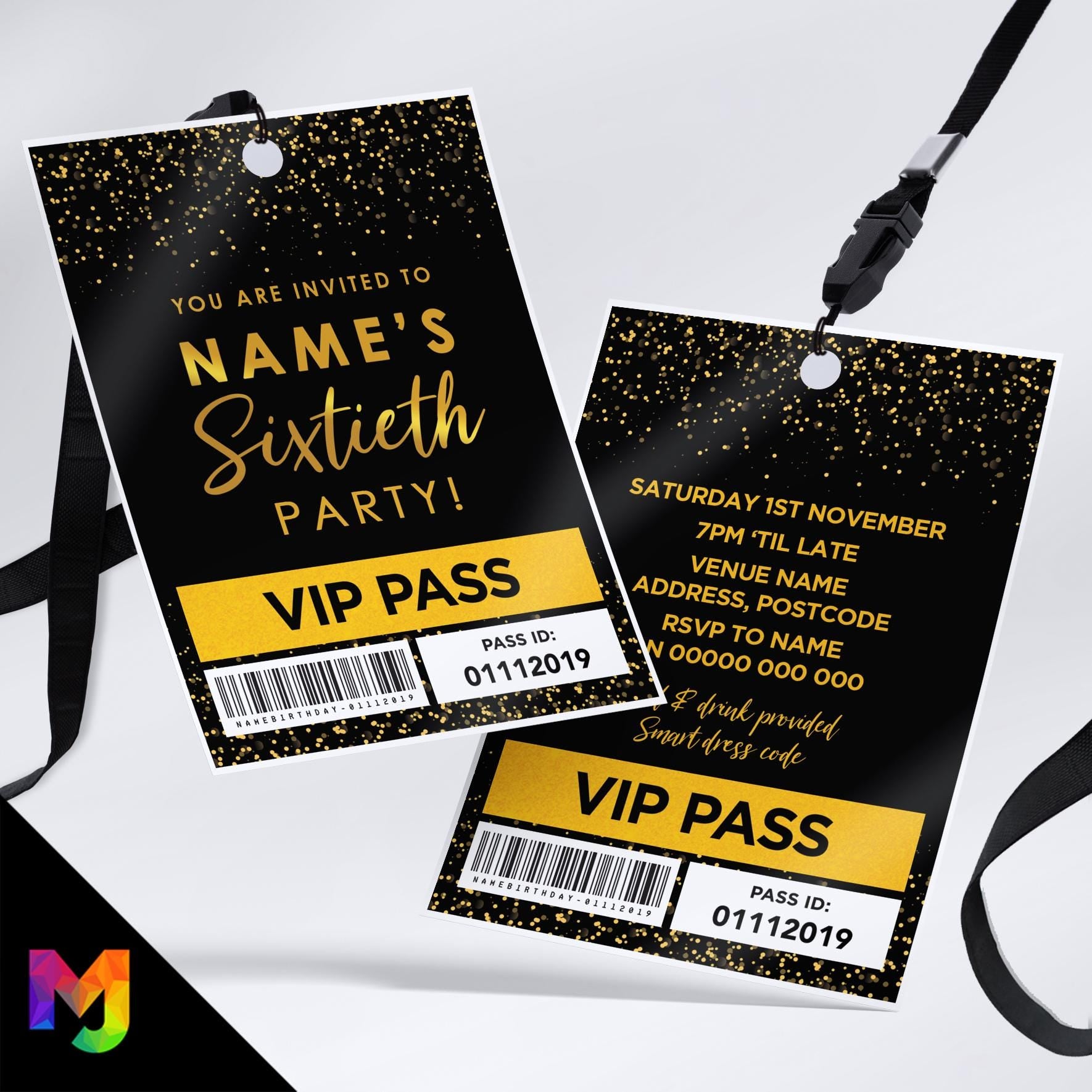 Personalised 60th birthday style VIP pass & lanyards | Gold black glitter design | ANY AGE!