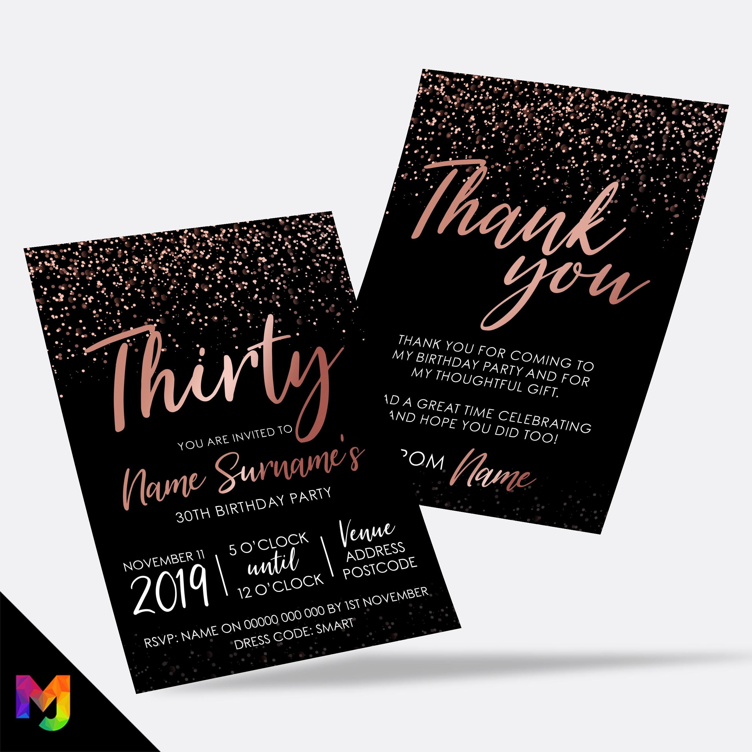 Personalised 30th birthday party Invitations Invites | Rose gold black glitter modern design