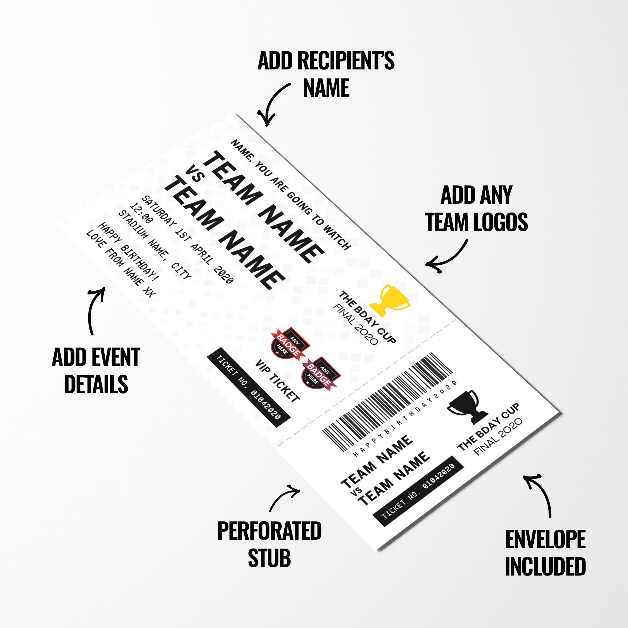 Personalised mock football match ticket Birthday / Christmas gift | Any teams!