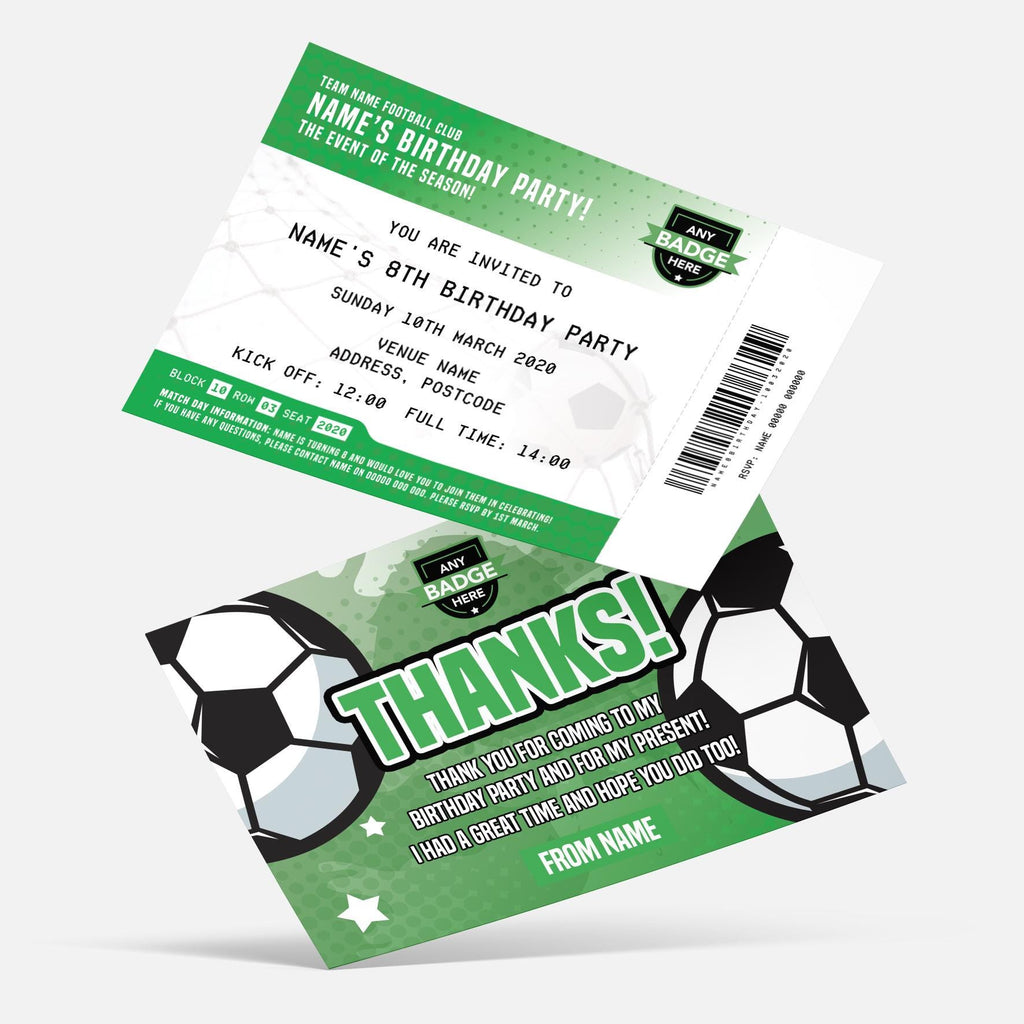 Personalised football ticket style Invitations Invites + thank you cards | Any team and colours!