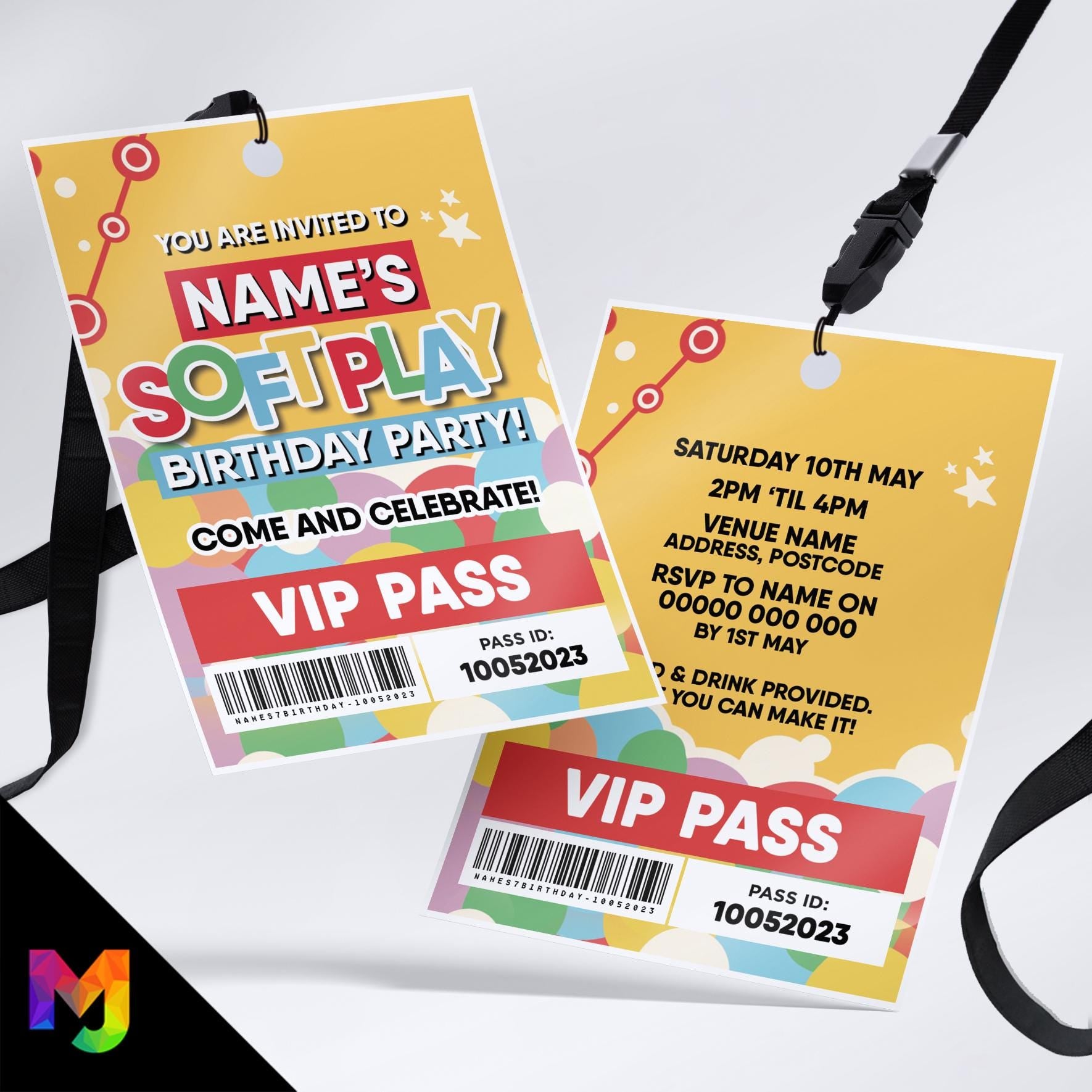 Personalised soft play indoor play area ball pit party VIP pass & lanyards | kids boys girls 1
