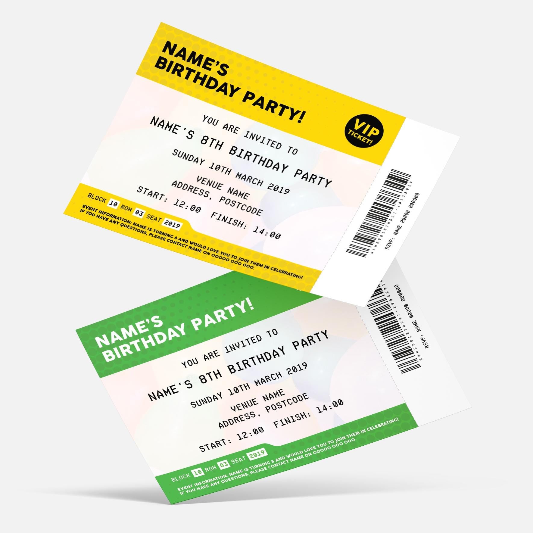 Personalised VIP ticket style Invitations Invites | Any colour!