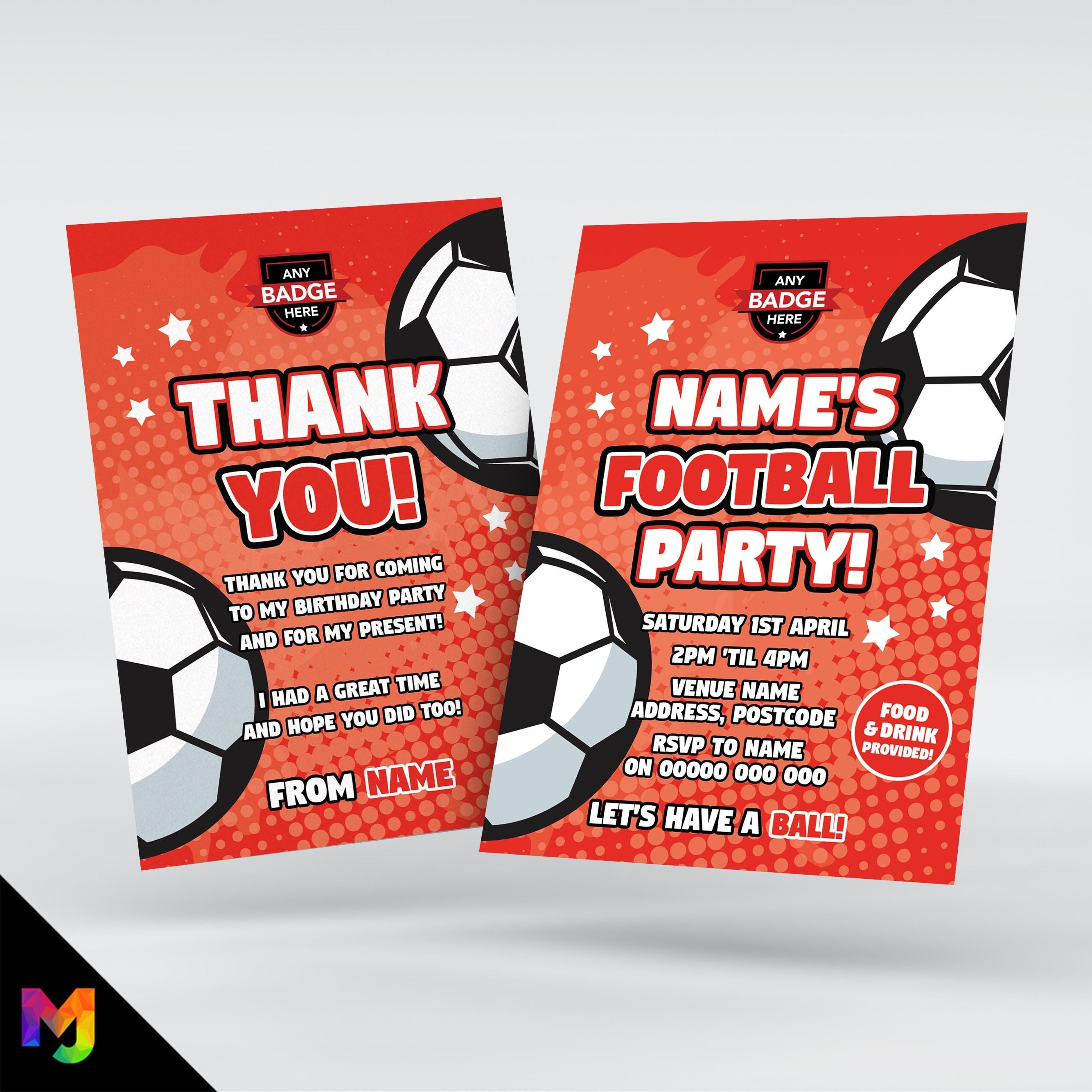 Personalised red football style party Invitations Invites + thank you cards | Any colours!