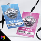 Personalised disco music party style VIP pass & lanyard Invitations Invites | Pink/blue