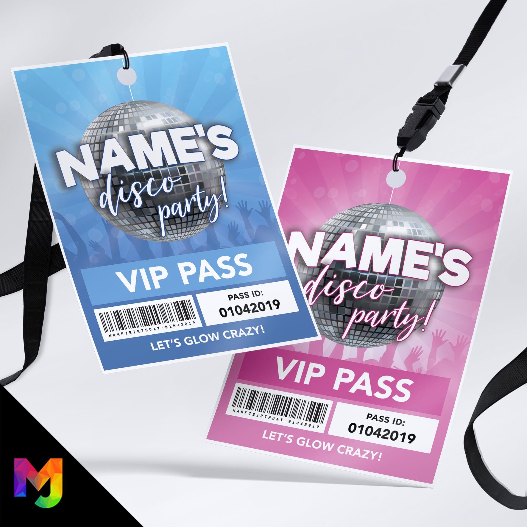 Personalised disco music party style VIP pass & lanyard Invitations Invites | Pink/blue