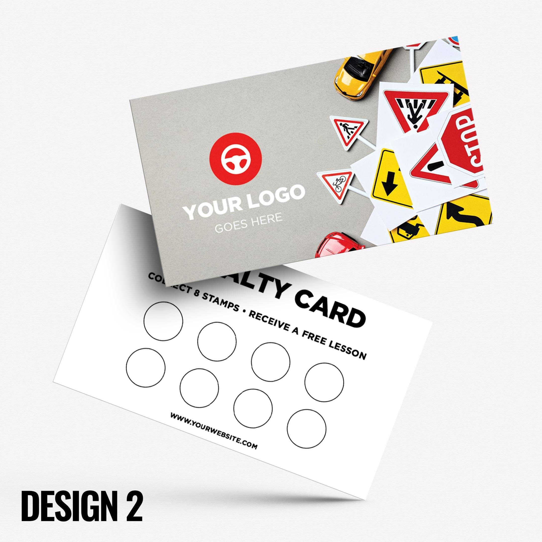 Custom printed loyalty reward cards | Driving school instructor drive lesson learner learn car street roads businesses