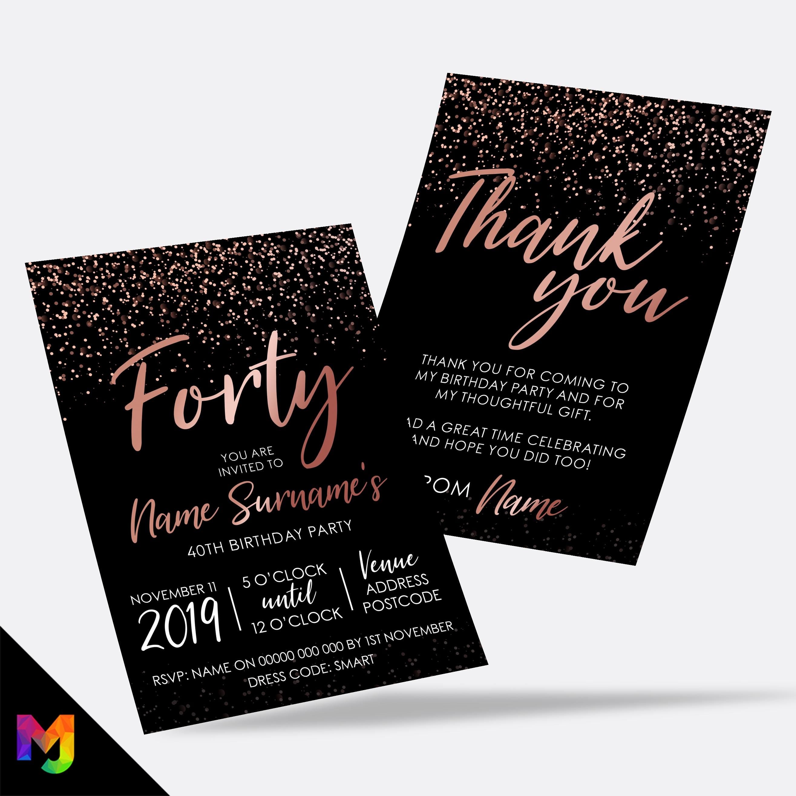 Personalised 40th birthday party Invitations Invites | Rose gold black glitter modern design