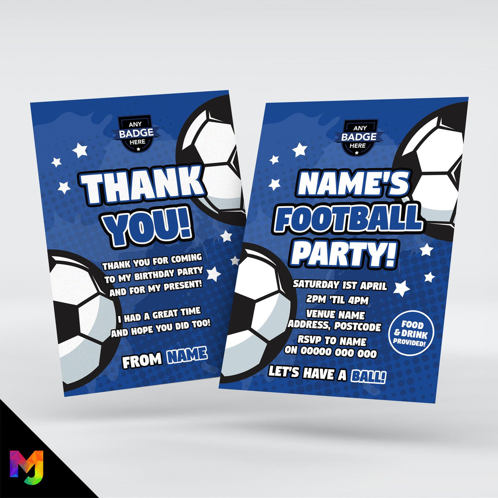 Personalised blue football style party Invitations Invites + thank you cards | Any colours!